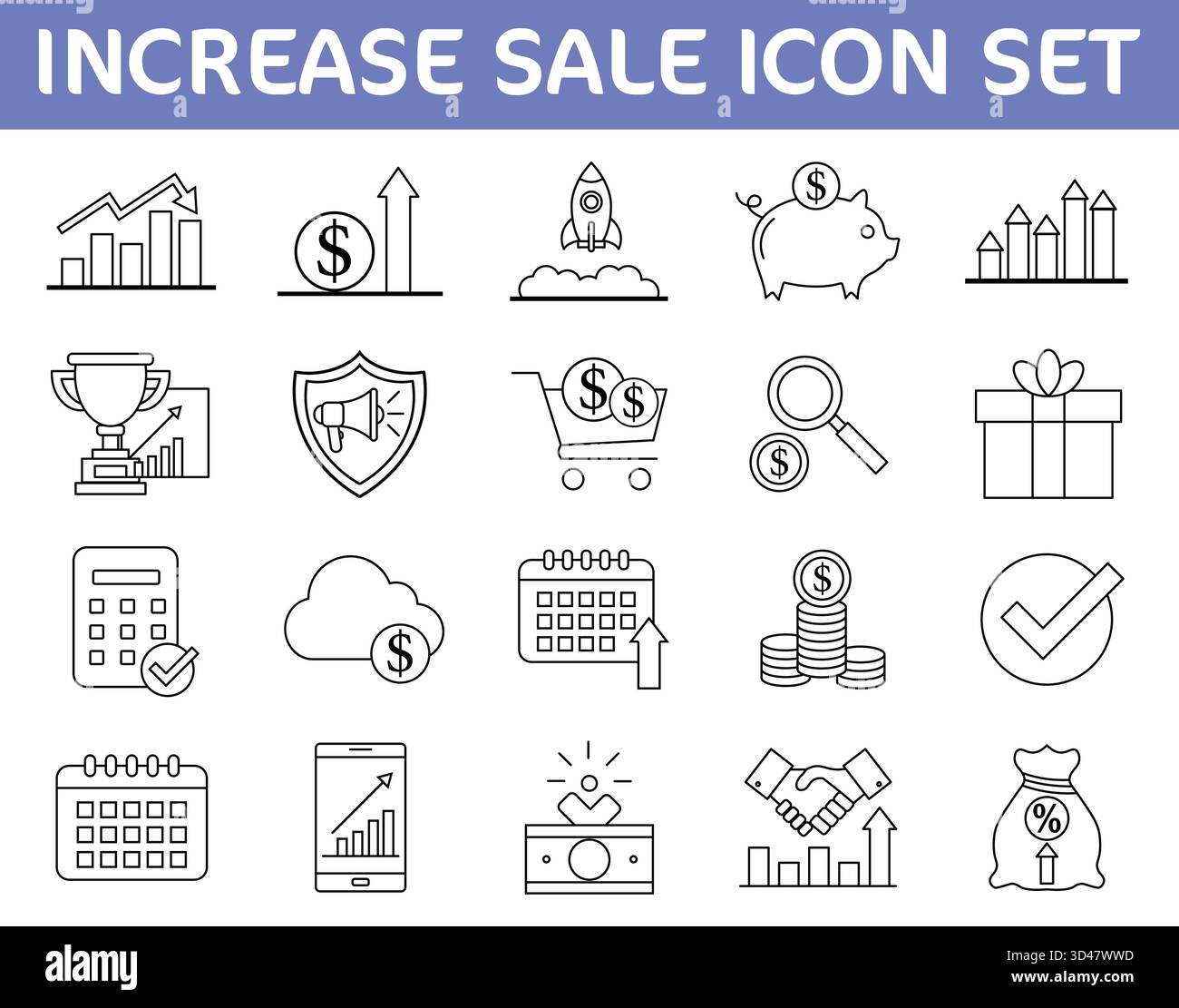 Symbolsatz „Verkauf und Finanzwachstum steigern“. Vektorsymbole für Geschäftserfolg, E-Commerce-Marketing, Investitions- und Gewinnstatistiken. Stock Vektor