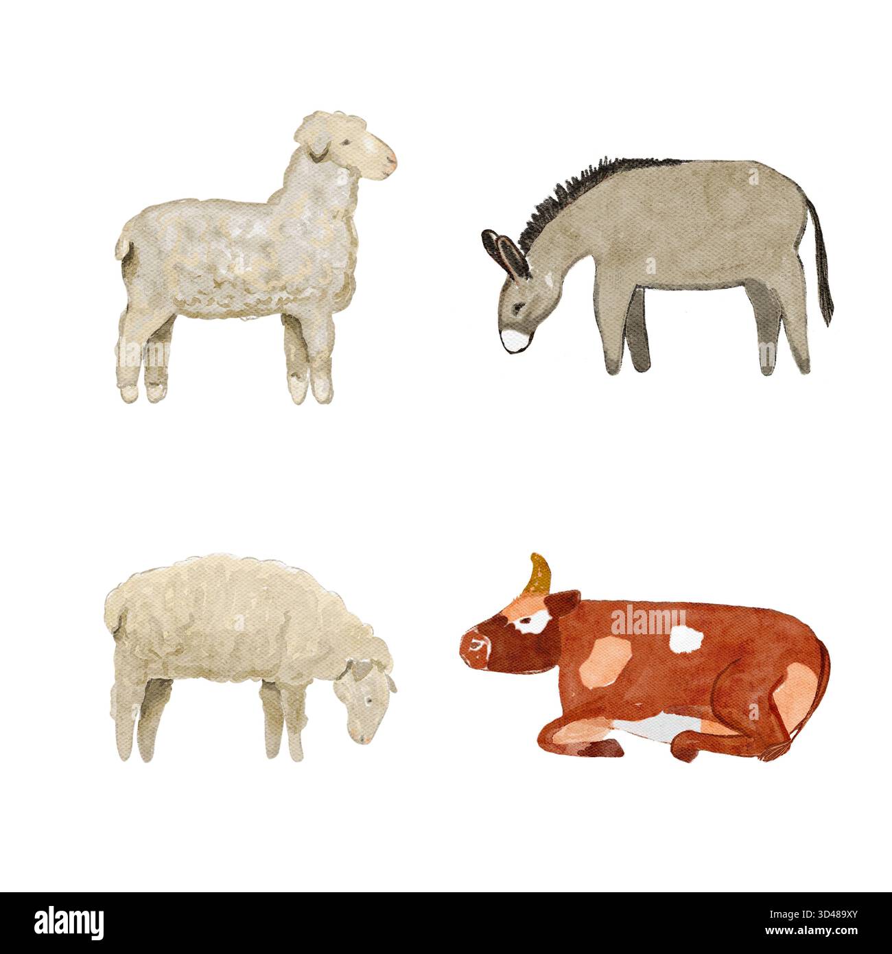 Kuh, Esel, zwei Schafe. Aquarellfarbene Bauernhoftiere isoliert auf weißem Hintergrund. Ideal für Weihnachtskrippen, Kinderbücher oder Bauernhöfe Stockfoto