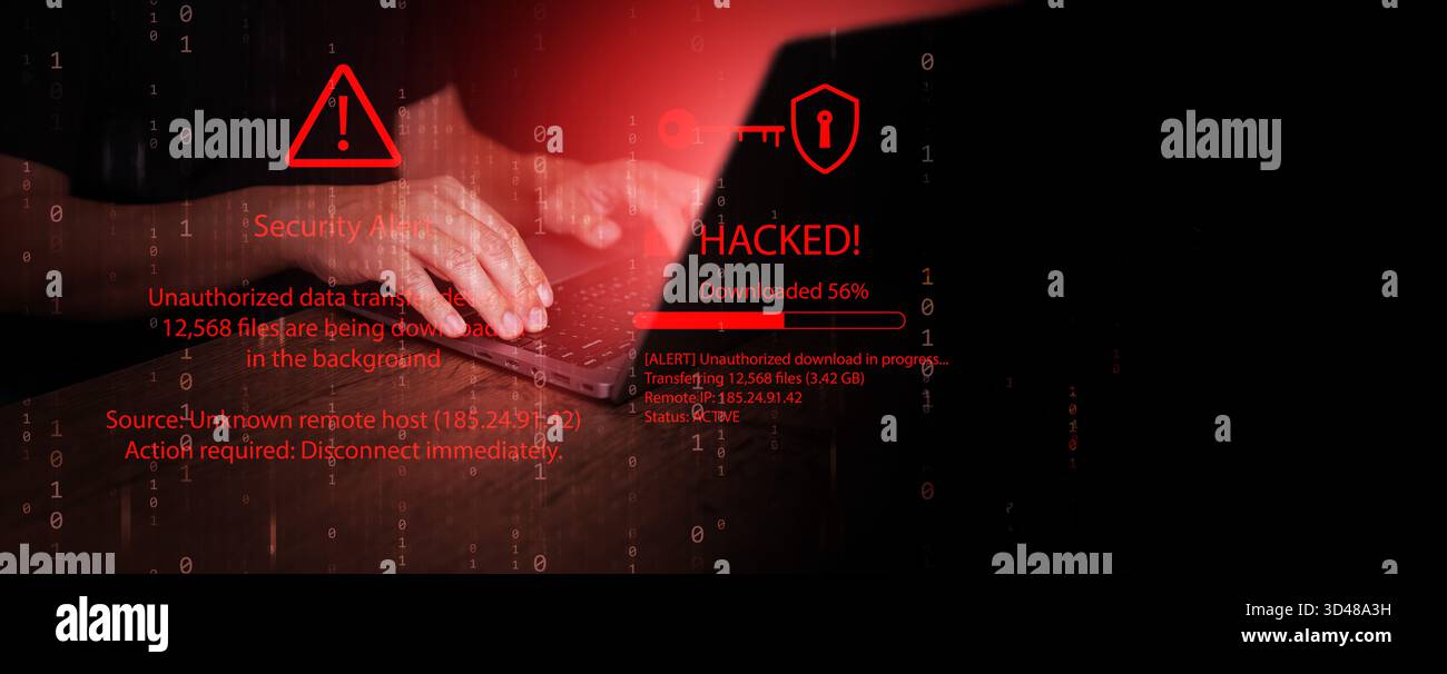 Ein Mann mit seinem Laptop trifft auf Hacker-Alarm und rote digitale Warnschnittstelle, die Hacker, Datendiebstahl, Malware-Infektion, Phishing, Stockfoto