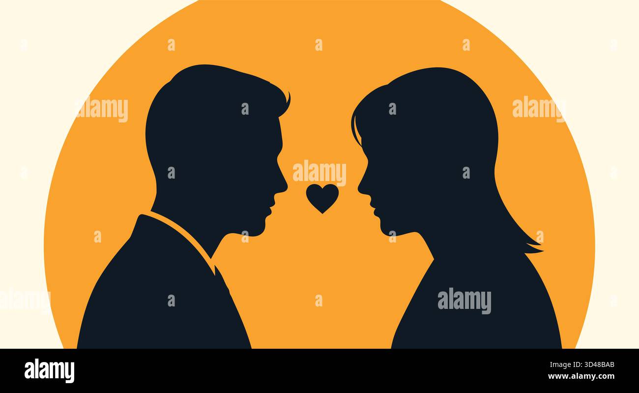 Silhouette von Mann und Frau, die einander gegenüberstehen, mit Herz auf orangefarbenem Hintergrund Stock Vektor
