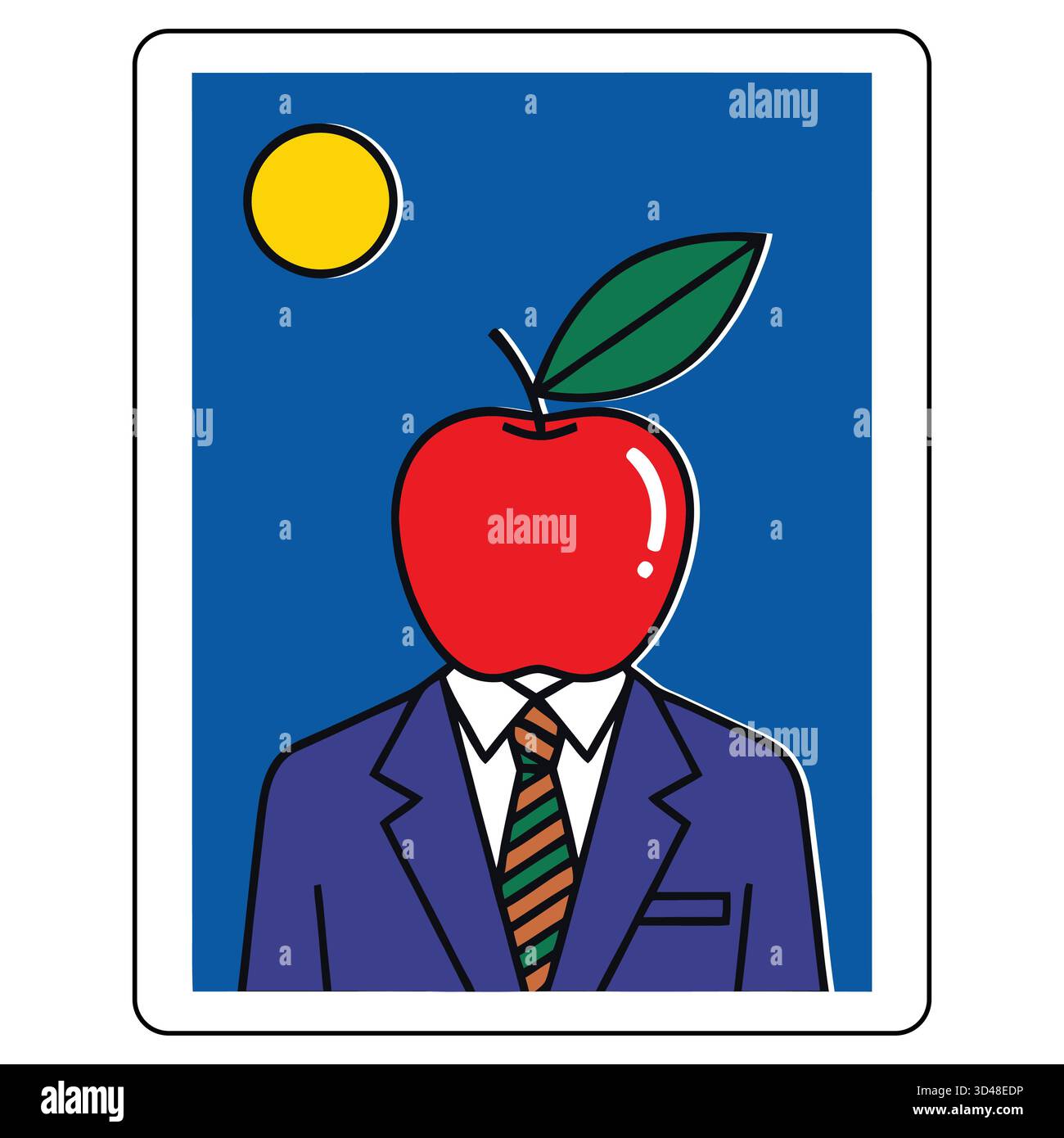 Abbildung einer Person mit Apfelkopf im Anzug unter der gelben Sonne Stock Vektor
