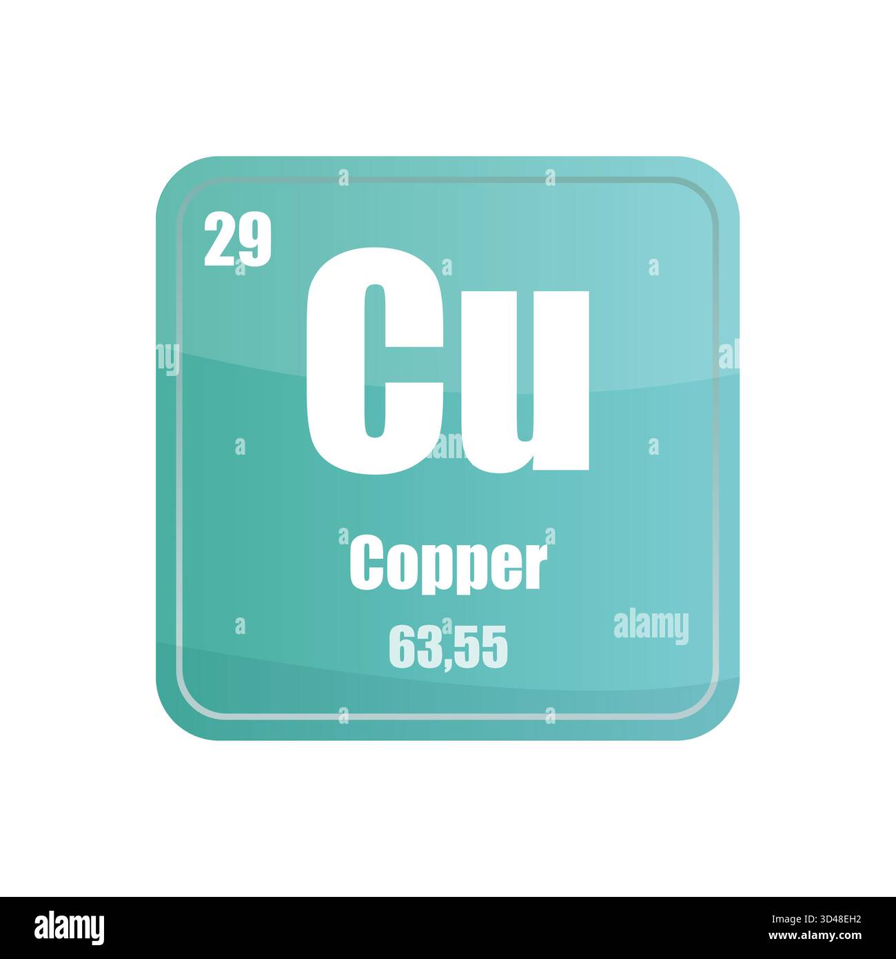 Kupferfliese mit chemischen Elementen. Atomzahl 29. Cu-Zeichen Vektorsymbol. Blaue, zyanblaue quadratische Form. Stock Vektor