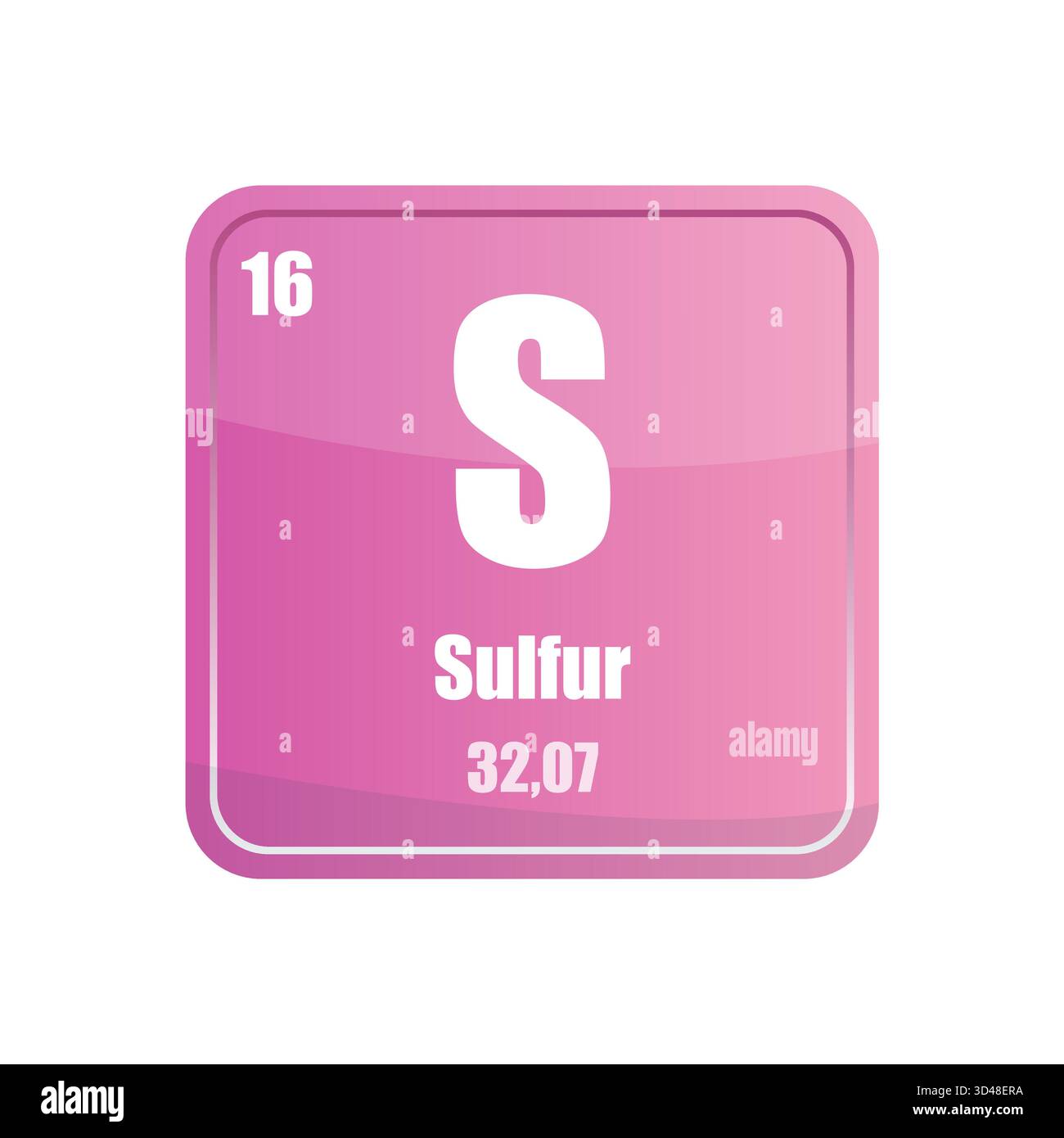 Schwefelchemische Elementfliese. Atomzahl sechzehn. S Zeichen Vektorsymbol. Rosafarbene, quadratische Form. Stock Vektor