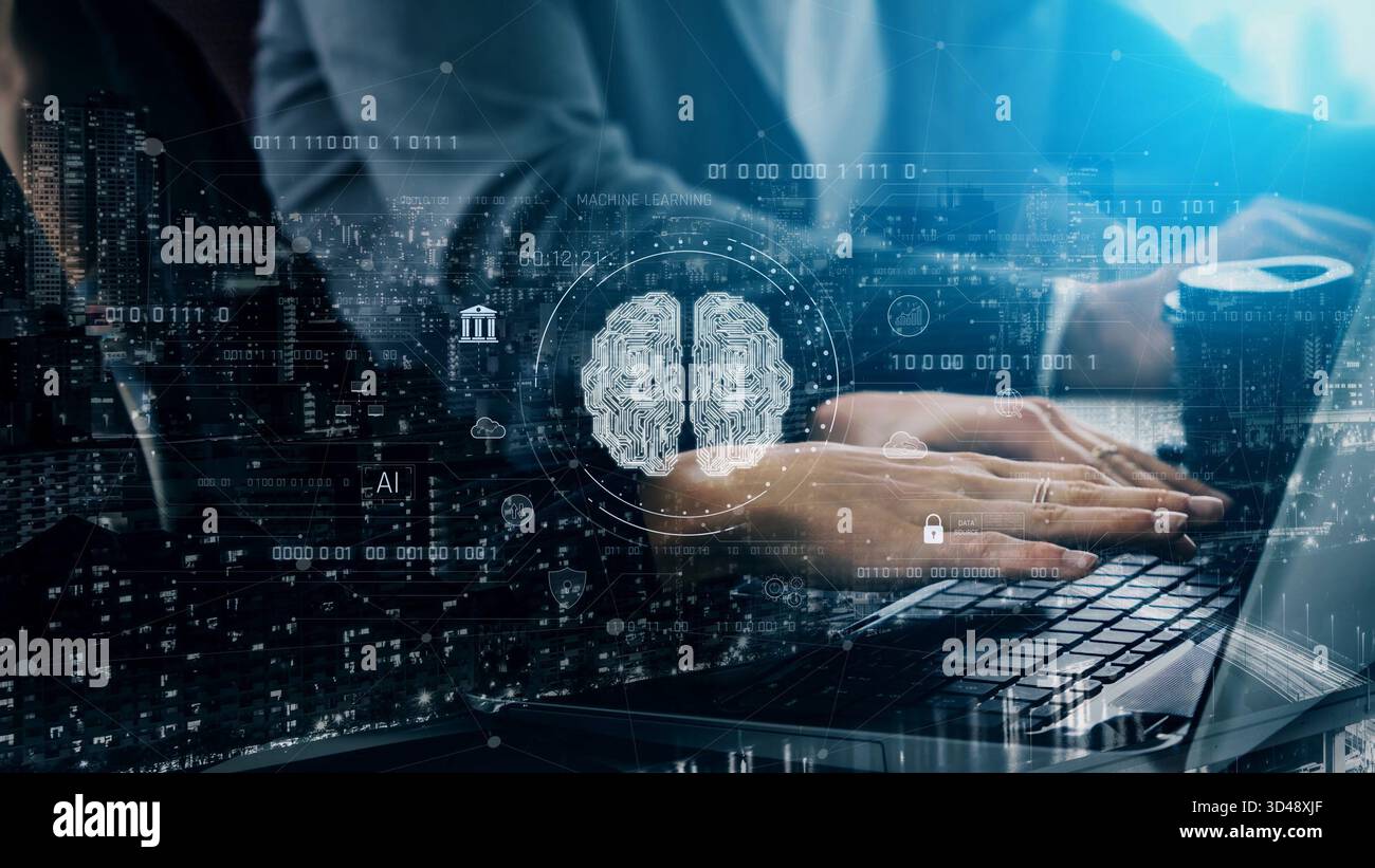 KI Brain Network, das auf maschinellem Lernen basiert, verarbeitet riesige Daten über intelligente Verbindungen und ermöglicht intelligente Entscheidungen, Analysen und autonome Funktionen Stockfoto