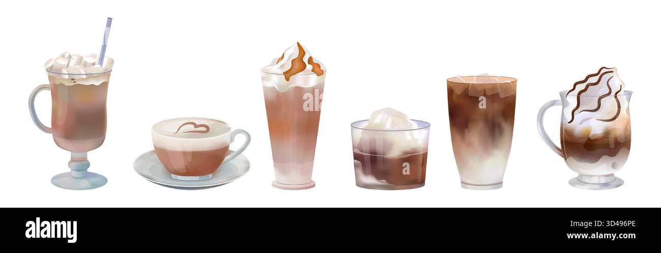 Kaffeetasse. Eis-Latte-Getränk, heißer süßer Espresso in transparentem Glas. Cappuccino für Café-Menü, Americano-Getränk mit Milchschaum, Milchshake Macchiato mit Creme Vektor Aquarell isolierte Illustration Stock Vektor