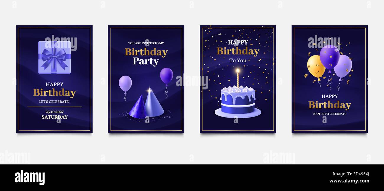 Happy Birthday Einladung. Jubiläumskartendesign, luxuriöser 3D-Kuchen auf Premium-Poster, Geschenk und Ballons. Rendern Sie isolierte Zeichentrickelemente, goldenen Konfetti-Hintergrund. Vektorillustrationssatz Stock Vektor