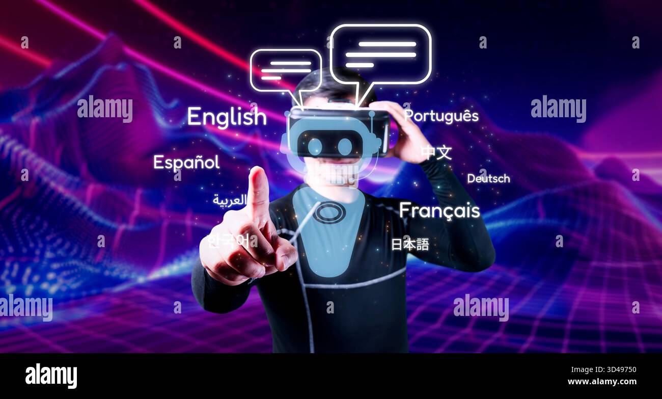 Entdecken Sie das Konzept der fortschrittlichen KI-Sprachübersetzung durch VR-Erfahrung, die mehrsprachige Kommunikation in einer dynamischen digitalen Landschaft präsentiert Stockfoto
