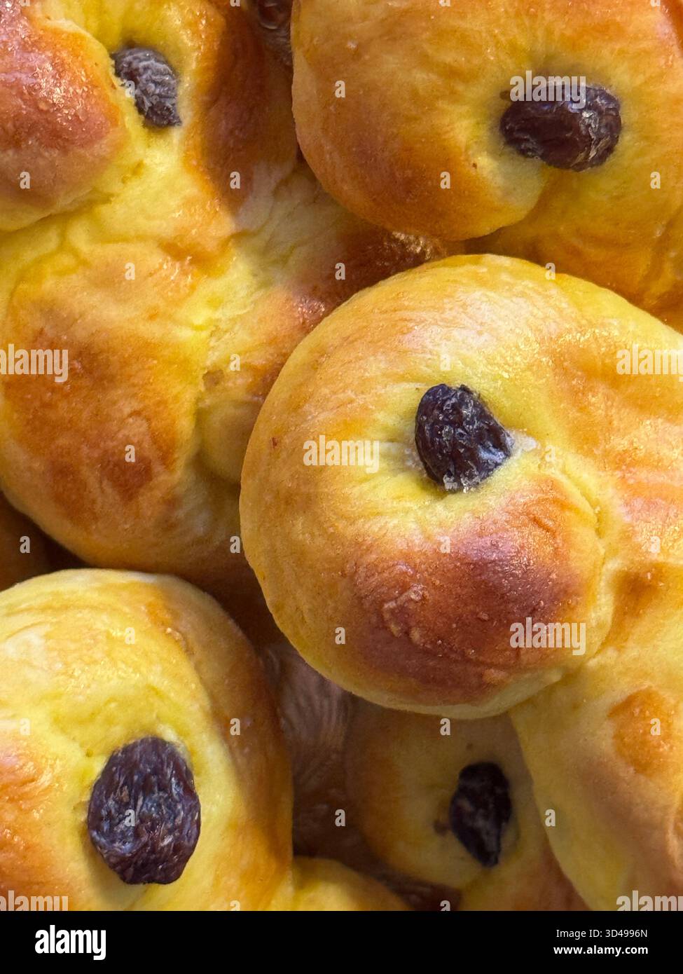 Nahaufnahme der frisch gebackenen schwedischen Safranbrötchen, bekannt als Lussekatter, ein traditionelles süßes Brot, das für den St. Lucia Day und die Weihnachtsfeier in S zubereitet wird - Smartphone-aufgenommenes Stockfoto