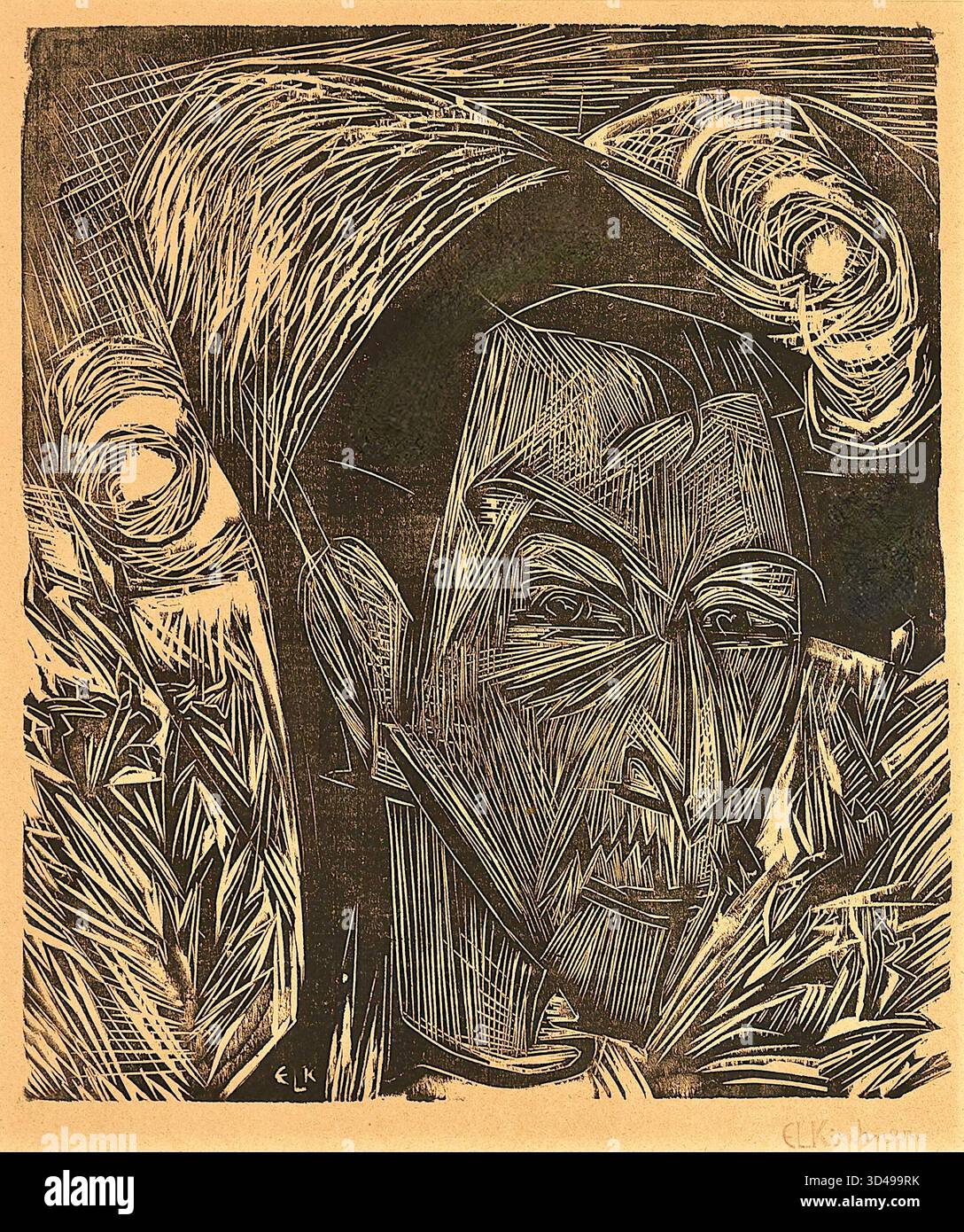 Ernst Ludwig Kirchner – „Porträt von David Müller“ oder „Vater Müller“ – (1919) – zeichnet sich sein Werk durch seine markanten, zerklüfteten Linien und kantigen Formen aus, die typisch für den deutschen Expressionismus sind. Stockfoto