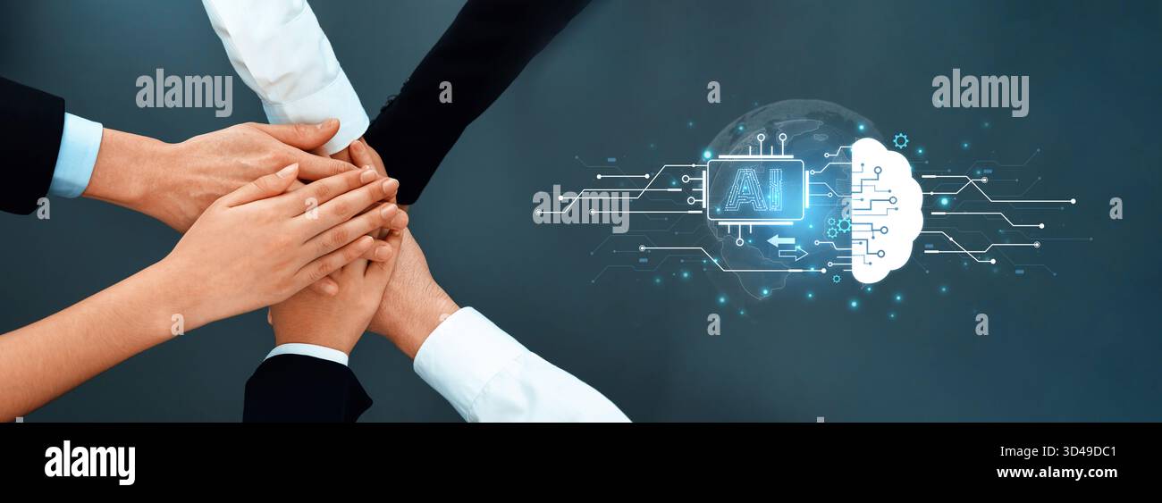 Das Konzept der künstlichen Intelligenz und des maschinellen Lernens. Ein zentraler Prozessor überträgt Informationen an ein Cloud-Gehirn, das ein globales neuronales Gehirn darstellt Stockfoto