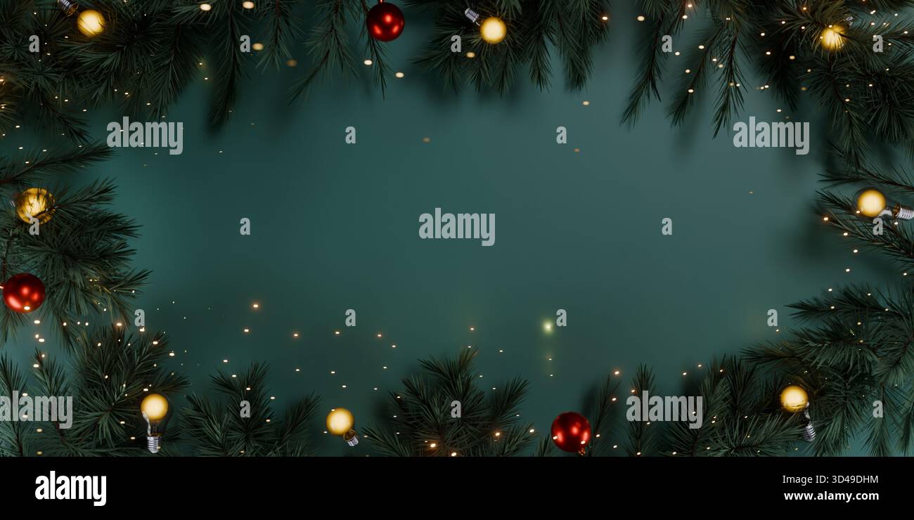 Festliche weihnachtliche Fichtenzweige mit Lichtern und roten und goldenen Kugeln vor dunkelgrünem Hintergrund. 3D-Rendering Stockfoto