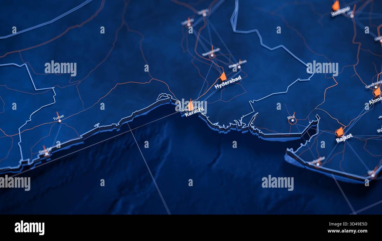 Karachi Mapping Big Data Visualisierung. Futuristische Karte Infografik der Stadt in Pakistan. Komplexität visueller Kartendaten in modernen Blau- und Orange-Farben Stockfoto