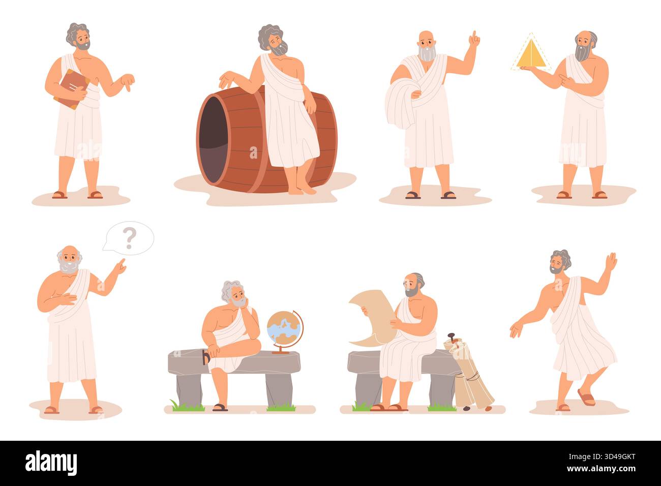 Sammlung von antiken Philosophen in Togas, jeder posiert mit klassischen Symbolen der Weisheit, Wissenschaft, Lehre, ideal für pädagogische und historische Themen isoliert auf weißem Hintergrund Vektorillustration Stock Vektor