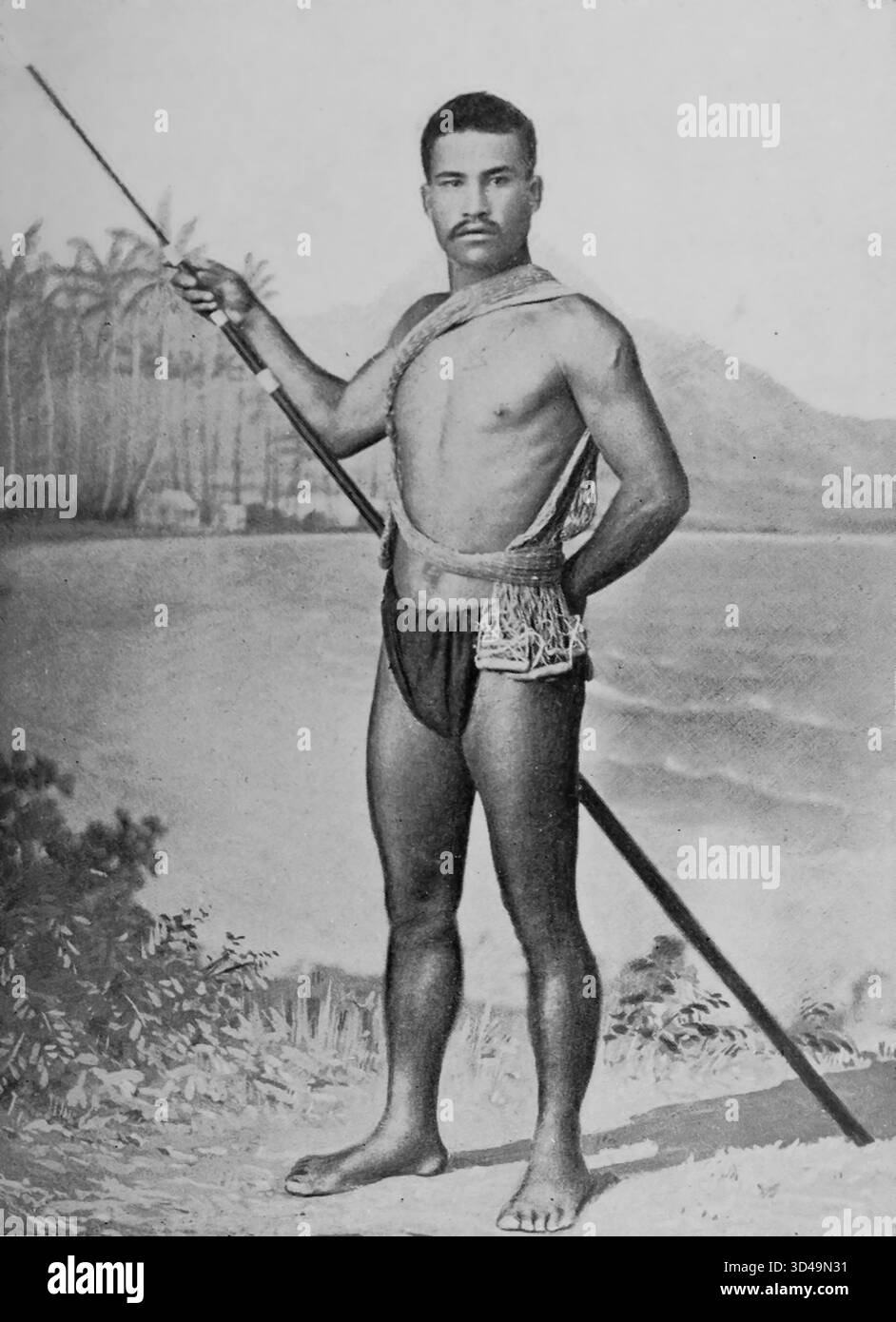 Ein einheimischer hawaiianischer Fischer posiert mit seiner Angelausrüstung und zeigt die traditionelle Lebensgrundlage der Küstenregion im Hawaii des frühen 20. Jahrhunderts. Stockfoto