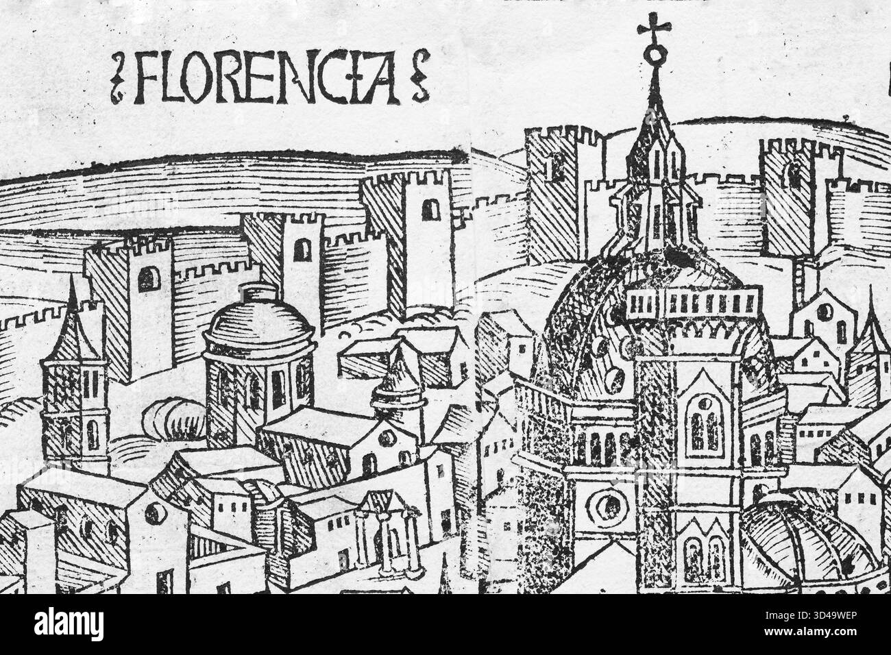 Altstadt von Florenz oder Florencia mit Fluss Arno, Kathedrale von Florenz oder Dom von Florenz, Detailholzschnitt aus: Schedel's World Chronicle, Hartmann SC Stockfoto