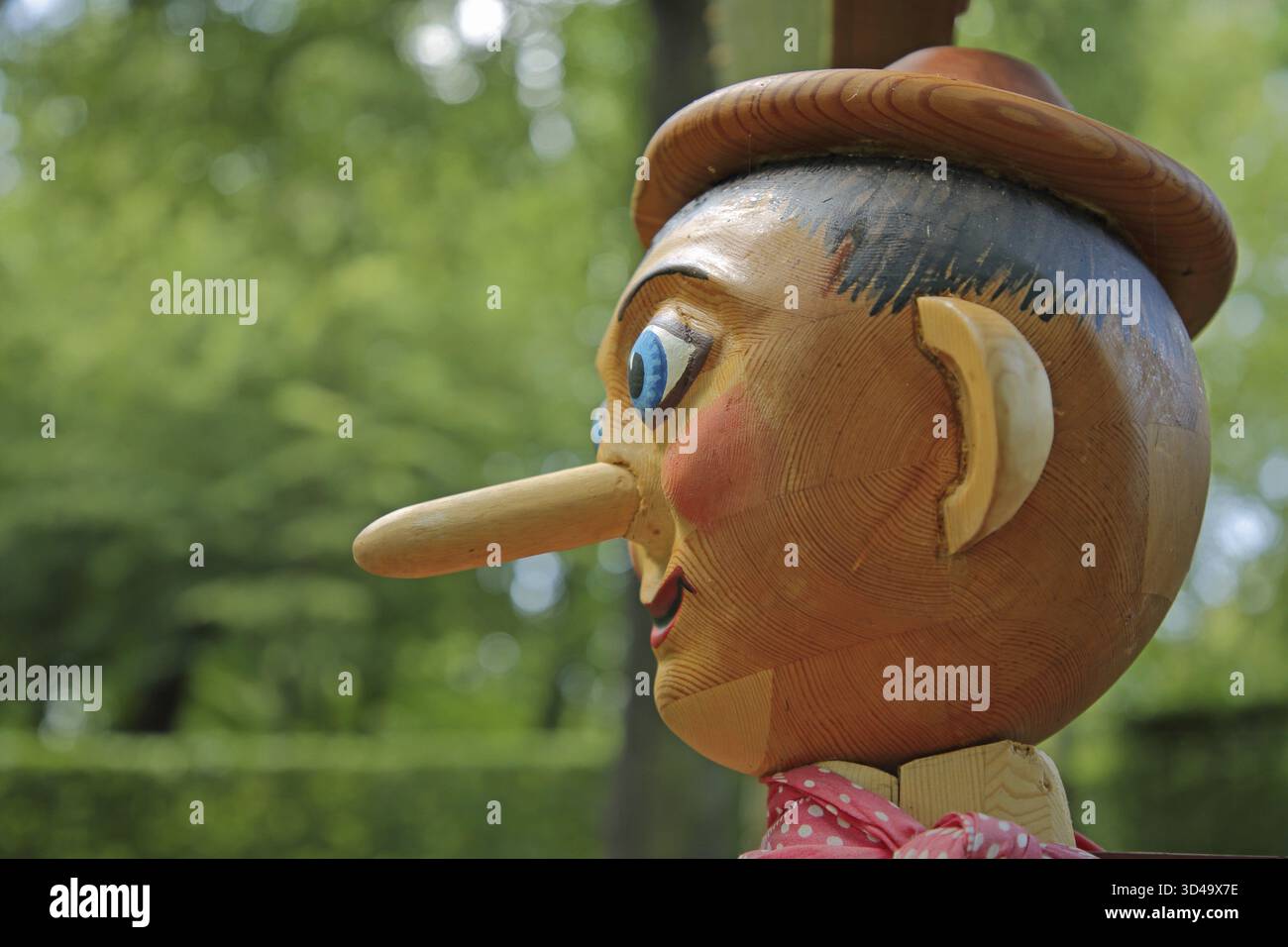 Pinocchio-Skulptur mit langer Nase und blauen Augen als Holzfigur, Symbol der Lügen, langer Holzkopf, Detail, Hut, Kopf, Gesicht, blaue Augen, Schloss Par Stockfoto