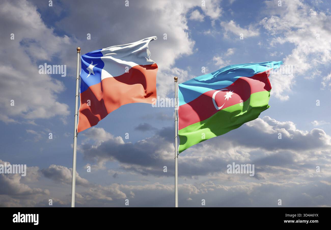 Wunderschöne Nationalflaggen von Aserbaidschan und Chile zusammen am Himmel. 3D-Bildmaterial-Konzept Stockfoto