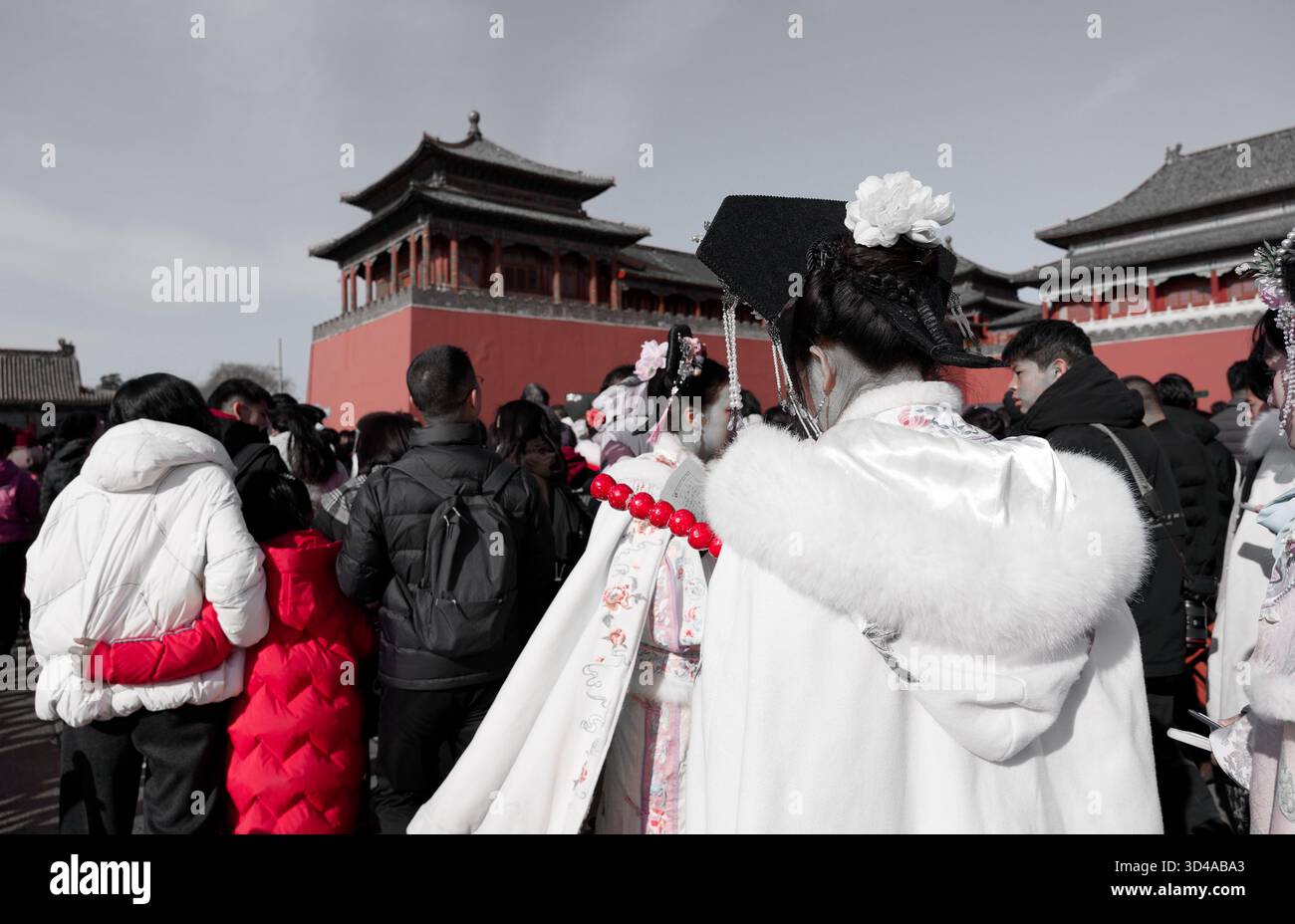 Schlange in der Verbotenen Stadt, im Winter mit Besuchern in traditioneller Kleidung, die in ausgewählten Farben bearbeitet werden Stockfoto
