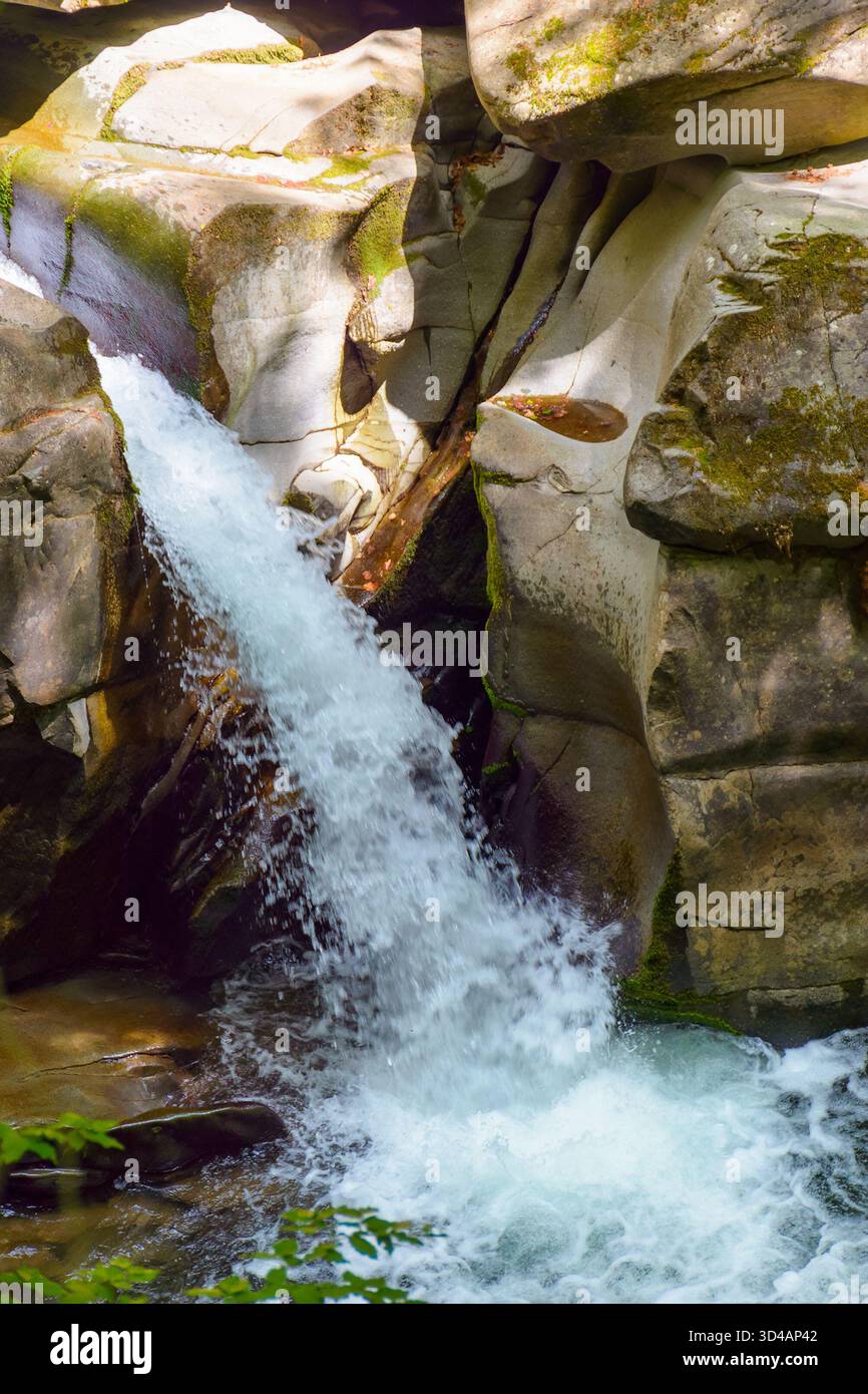 Wasserfall aus Felsen zwischen Wald im Sommer. Wunderschöne Naturlandschaft mit Davir-Kaskade auf dem Turychka-Fluss. Entdeckung des Wildwasserstroms. Im Freien Stockfoto