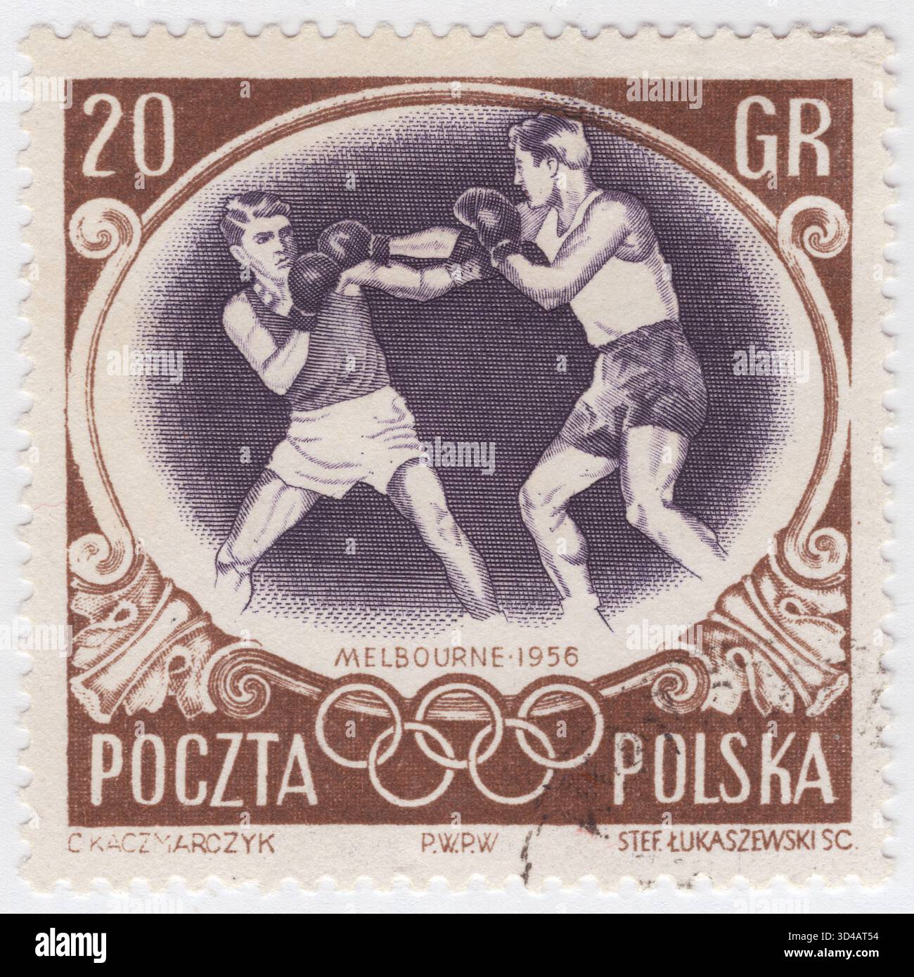 POLEN — 2. November 1956: 20 grosz hellbraune und dunkelviolette Briefmarke, die den Kampf der Boxer darstellt. 16. Olympische Spiele in Melbourne. Boxen (auch bekannt als Western Boxen oder Pugilismus) ist eine Kampfsportart, bei der zwei Personen, die in der Regel Schutzhandschuhe und andere Schutzausrüstung wie Handumschläge und Mundschutz tragen, einander für eine bestimmte Zeit in einem Boxring mit Schlägen beworfen werden. Obwohl der Begriff „Boxen“ allgemein dem „westlichen Boxen“ zugeschrieben wird, bei dem nur die Fäuste beteiligt sind, hat sich das Boxen in verschiedenen geografischen Gebieten und Kulturen auf unterschiedliche Weise entwickelt Stockfoto