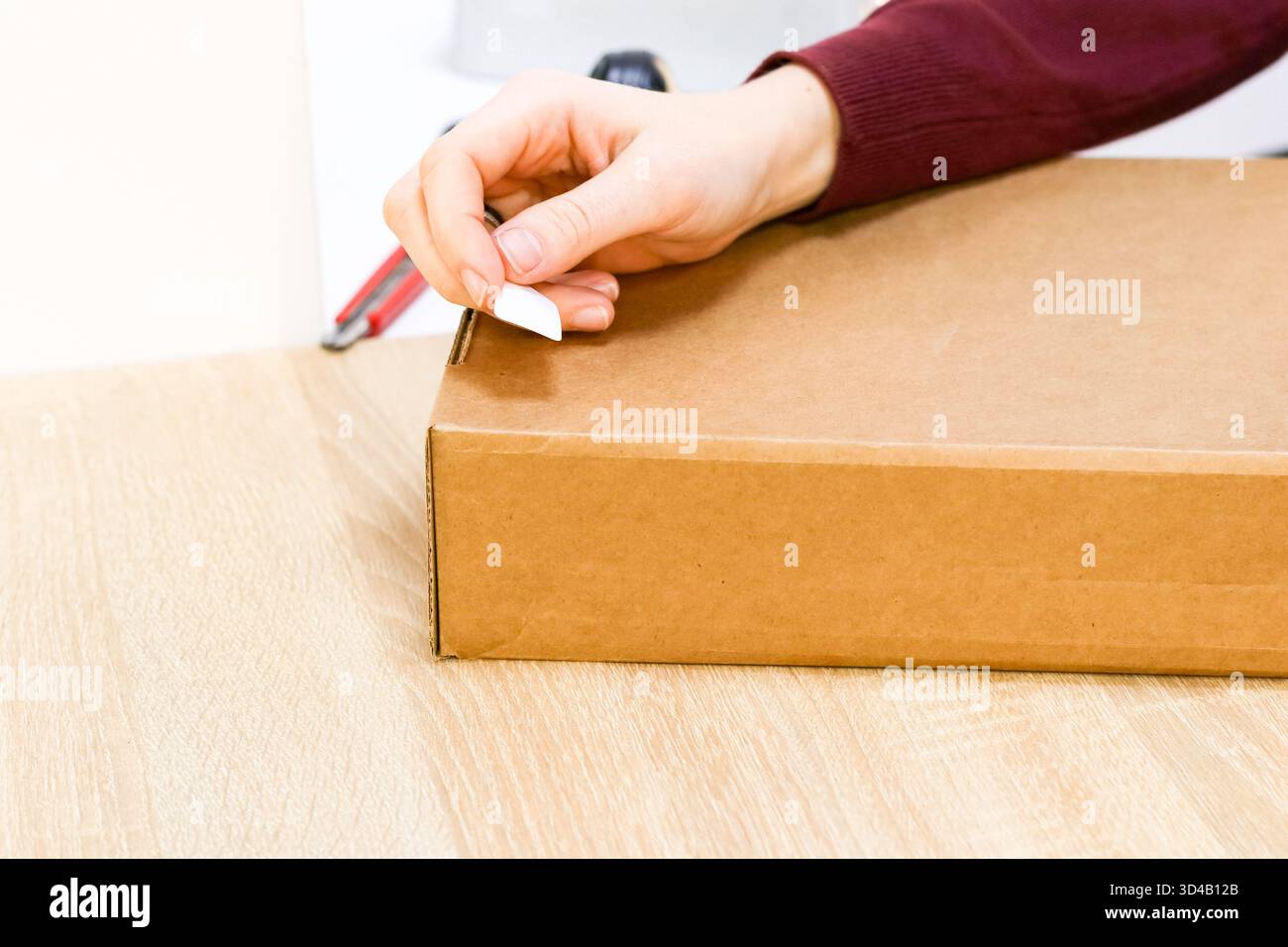 Frau untersucht invertierten Barcode-Scanner an der Bestellstation. Mitarbeiter, der im Büro auf den umgedrehten Scanner auf dem Paket blickt Stockfoto