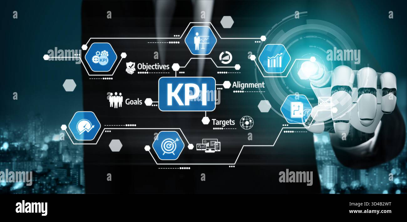 Ein Geschäftsmann interagiert mit einer modernen grafischen Benutzeroberfläche, die KPIs, Ziele und Ziele anzeigt und fortschrittliche Technologien im Unternehmen präsentiert Stockfoto