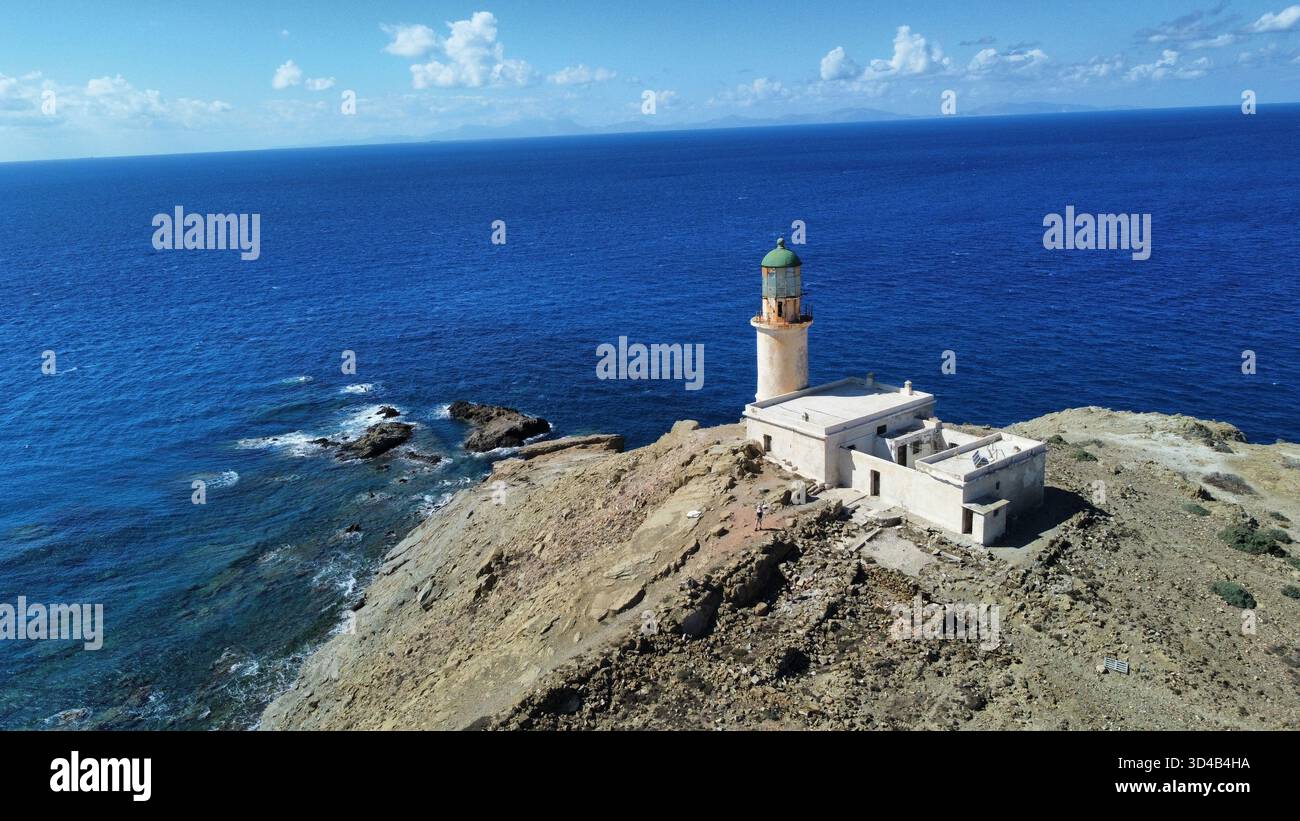 Luftaufnahme eines Leuchtturms auf der Insel Prasonisi Stockfoto