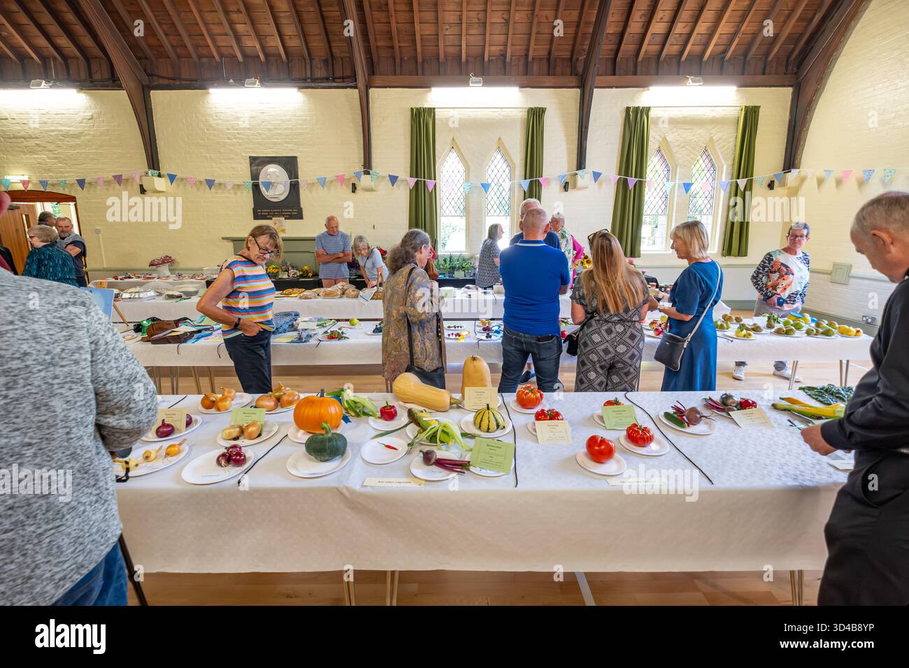 Besucher in einem Dorfgarten und einer Show mit Produkten. Hoxne, Suffolk, Großbritannien. Stockfoto