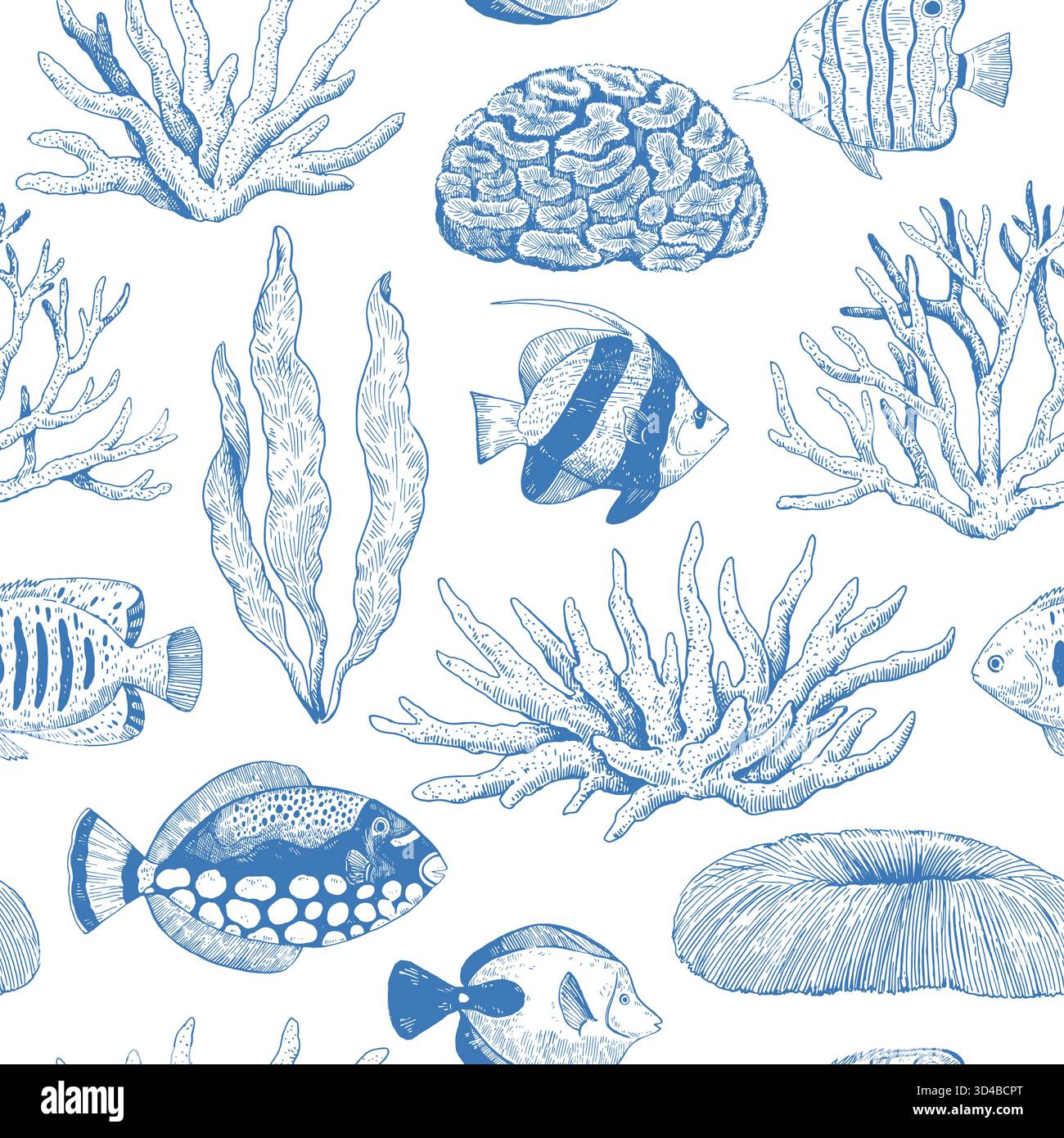 Einfarbiges, elegantes nahtloses Muster mit Korallen, tropischen Fischen und Algen. Handgezeichnete Illustration im klassischen Gravurstil. Stock Vektor