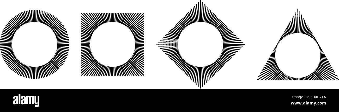 Gerade radiale Linien in kreisförmigen, quadratischen und dreieckigen Formen. Symbole bei Sonnenschein. Sonnenschilder. Symbole für Strahlkraft, Explosion oder Feuerwerk auf weißem Hintergrund. Vektorgrafik. Stock Vektor