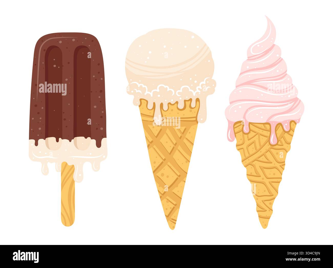 Cartoon-Set mit Eis. Eis auf Stab mit Schokoladenglasur und einer Schaufel mit schmelzender Eiscreme Textur Illustration. Sommer-Dessert, Eiskugel, Waffelkegel. Vektor Hand gezeichnete süße Zeichentrickzeichnung Stock Vektor