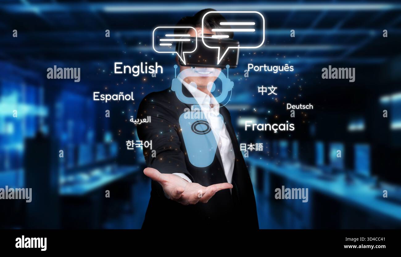 Dieses Bild zeigt ein futuristisches Konzept der Sprachübersetzung mit virtueller Realität. Eine Person interagiert mit Sprechblasen, die verschiedene zeigen Stockfoto