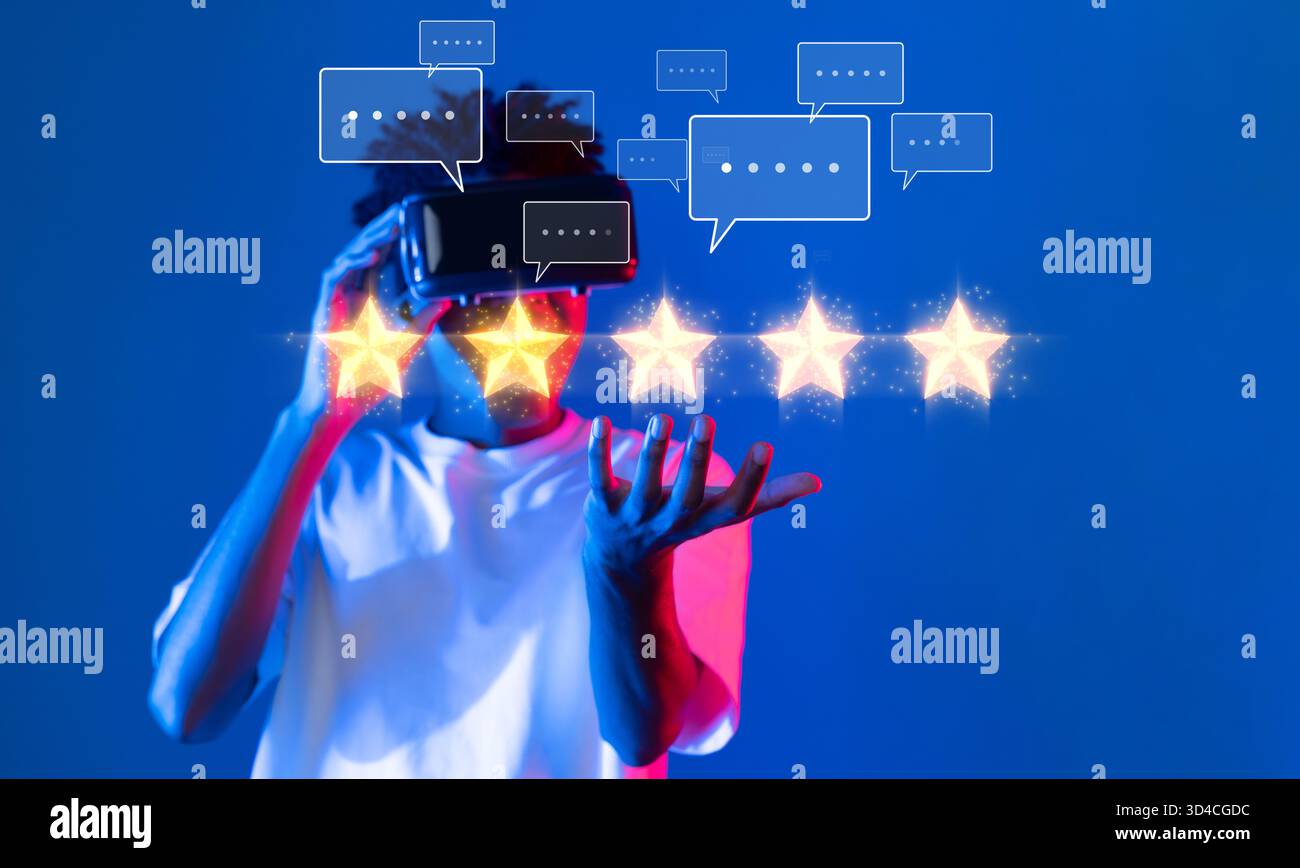 Erkunden Sie das Konzept des Kundenfeedback in einer virtuellen Realität, indem Sie Bewertungssterne und digitale Gespräche präsentieren, die die Benutzerzufriedenheit widerspiegeln Stockfoto