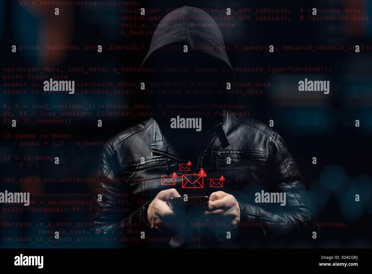 Ein gesichtsloser Hacker mit einem Smartphone in der Hand, der ein Phishing-E-Mail-Konzept sendet Stockfoto