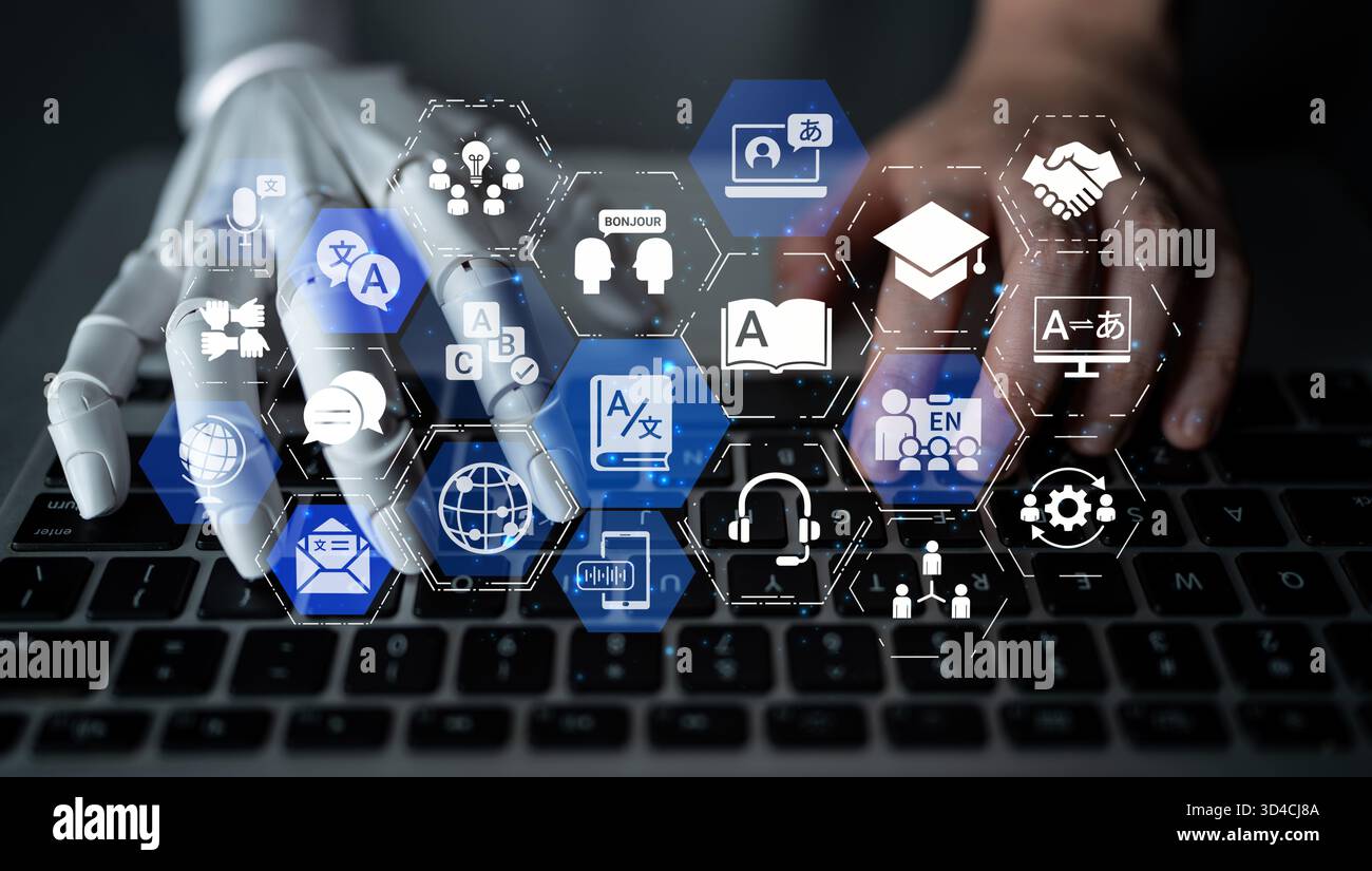 Künstliche Intelligenz unterstützt Übersetzungsdienste, ermöglicht mehrsprachige Kommunikation, verbessert die Genauigkeit und verbindet Menschen weltweit Stockfoto