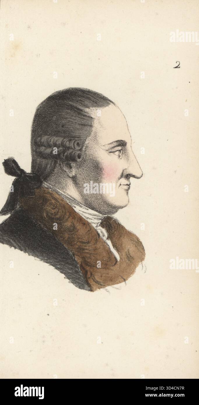 Das Gesicht eines zuckenden, tiefgründigen Mannes. Profil eines Mannes in Puderperücke und Fellkragen. Die hohe Stirn des Taschenrechners, ein erfolgreicher Wissenschaftler oder Geschäftsmann. Handkolorierte Lithographie aus Le Lavater Portatif, ou precis de l’Art de connaitre les hommes par les traits du Visage, Portable Lavater, von dem Schweizer Physiognomisten, Schriftsteller und Theologen Johann Kaspar Lavater, Chez les Marchands de Nouveautes, Paris, 1836. Stockfoto