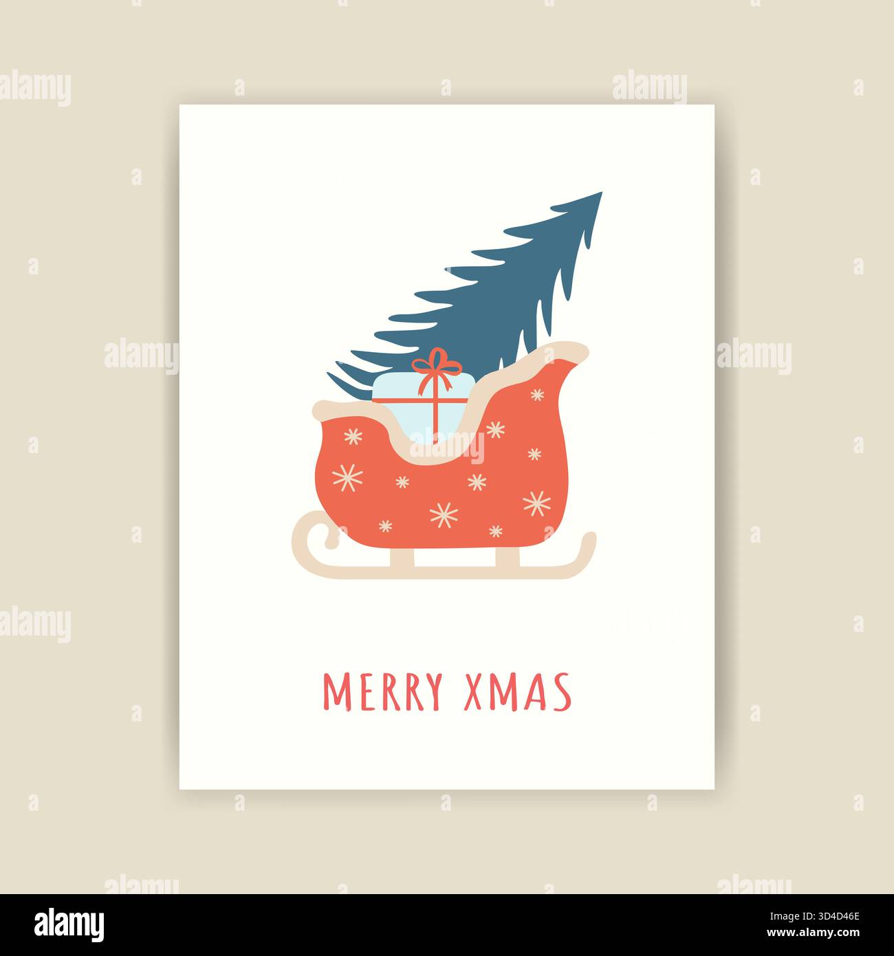 Weihnachtskarte mit einem Weihnachtsbaum im Winterschlitten und Geschenken. Minimalistisches Vektordesign. Fertige Vorlage für ein festliches Poster, einen Druck oder eine Einladung. Stock Vektor