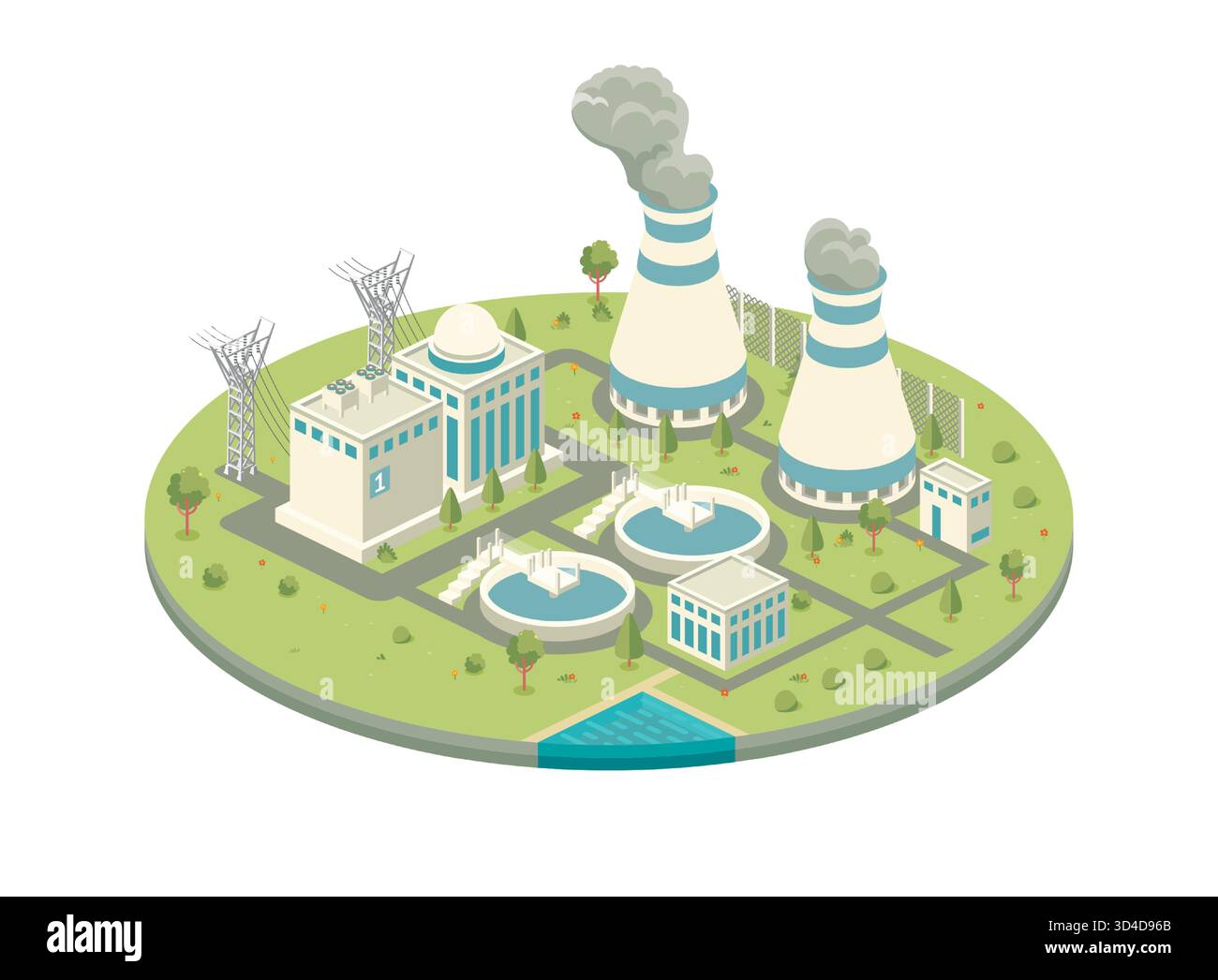 Isometrisches Kernkraftwerk mit Reaktorgebäude, Dampfkühltürmen, Stromleitungen, Wasseraufbereitungspools und umliegenden Landschaftsgärten Stock Vektor