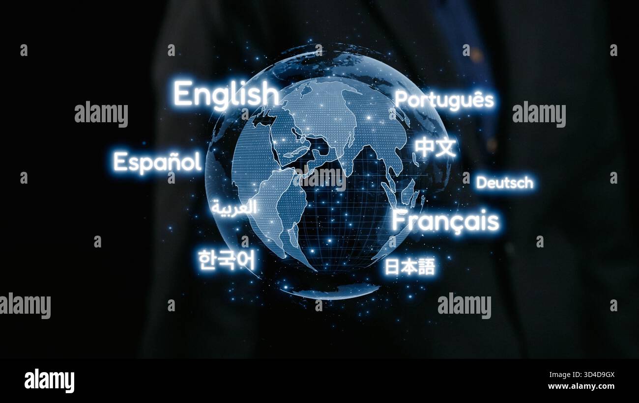 Eine futuristische Darstellung der Erde hebt verschiedene Sprachen rund um einen digitalen Globus hervor und symbolisiert globale Kommunikation und Kultur Stockfoto