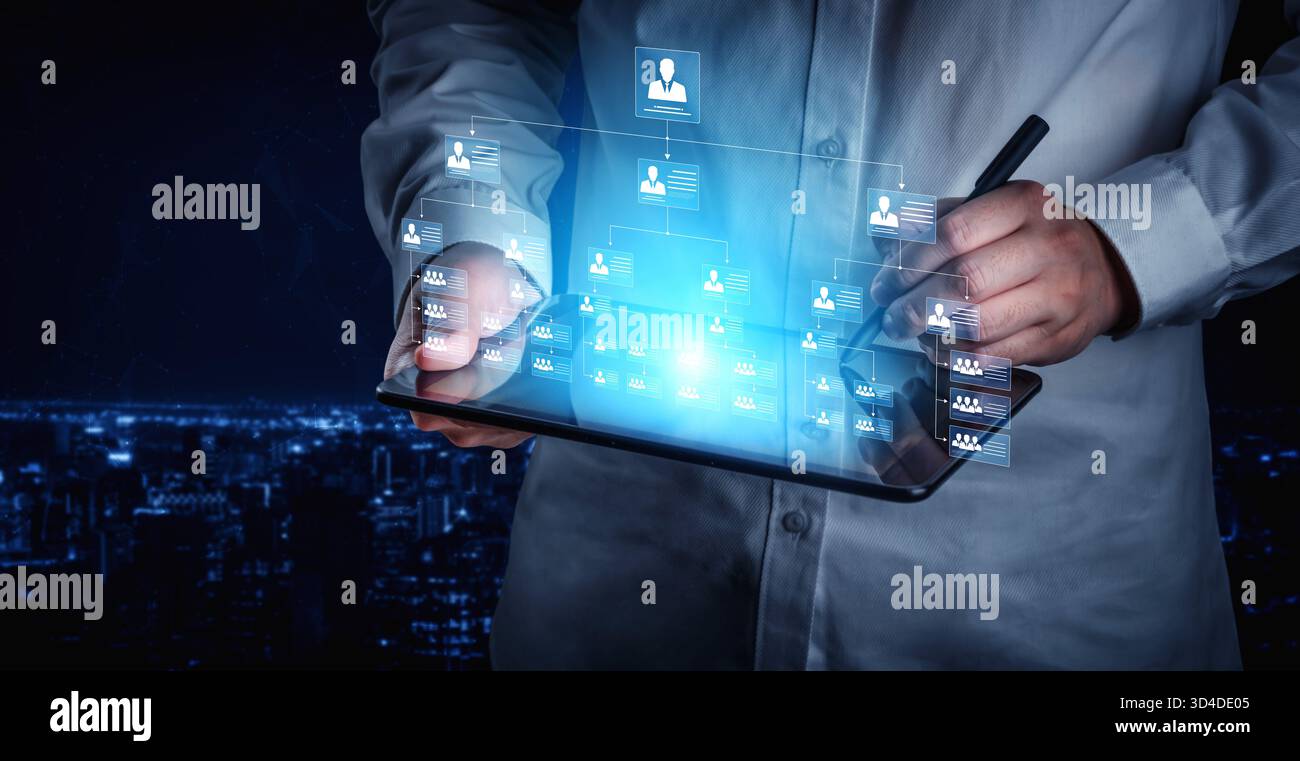 Organigramm und Teamstruktur des Unternehmens zeigen Hierarchie, Team und Struktur für klare Organisation, Management und operative Planung Stockfoto