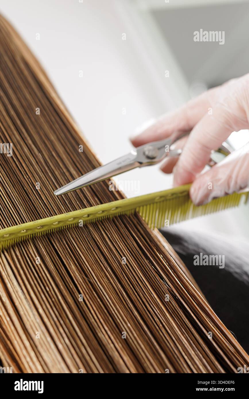 Der Stylist mit Handschuhen richtet lange, nasse Fäden mit einem Kamm aus und schneidet mit einer Schere eine gerade Linie, die professionelle Schneidetechnik zeigt. Stockfoto