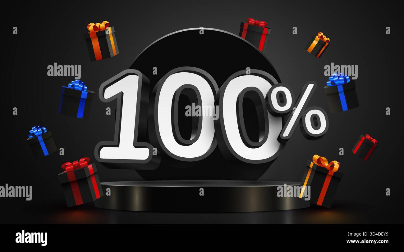 Auffällige Rabattaktion 100 mit schwebenden Geschenkboxen vor dunklem, minimalistischem Hintergrund. Vektorabbildung Stock Vektor