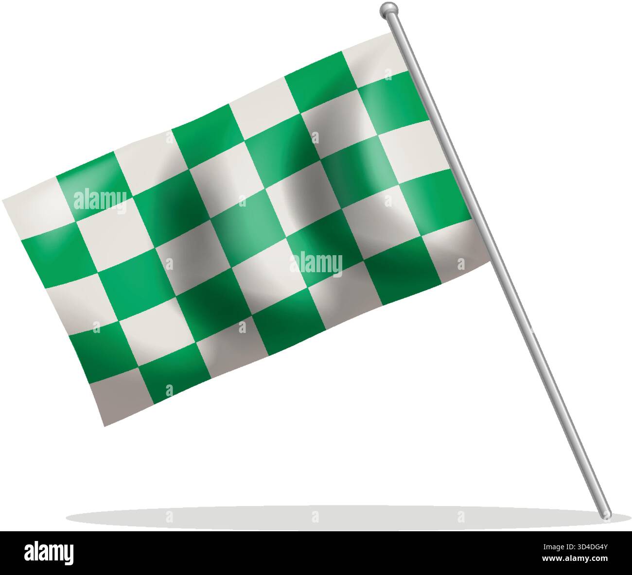 Vektorillustration einer grün-weiß karierten Flagge, die auf einem metallischen Pol mit Schatten winkt Stock Vektor
