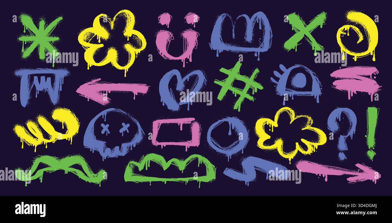 Farbige Graffiti-Symbole und Symbole auf dunklem Hintergrund. Urban Street Art Kollektion mit tropfenden Neonformen, Kritzeleien, Pfeilen und Herzen Stock Vektor
