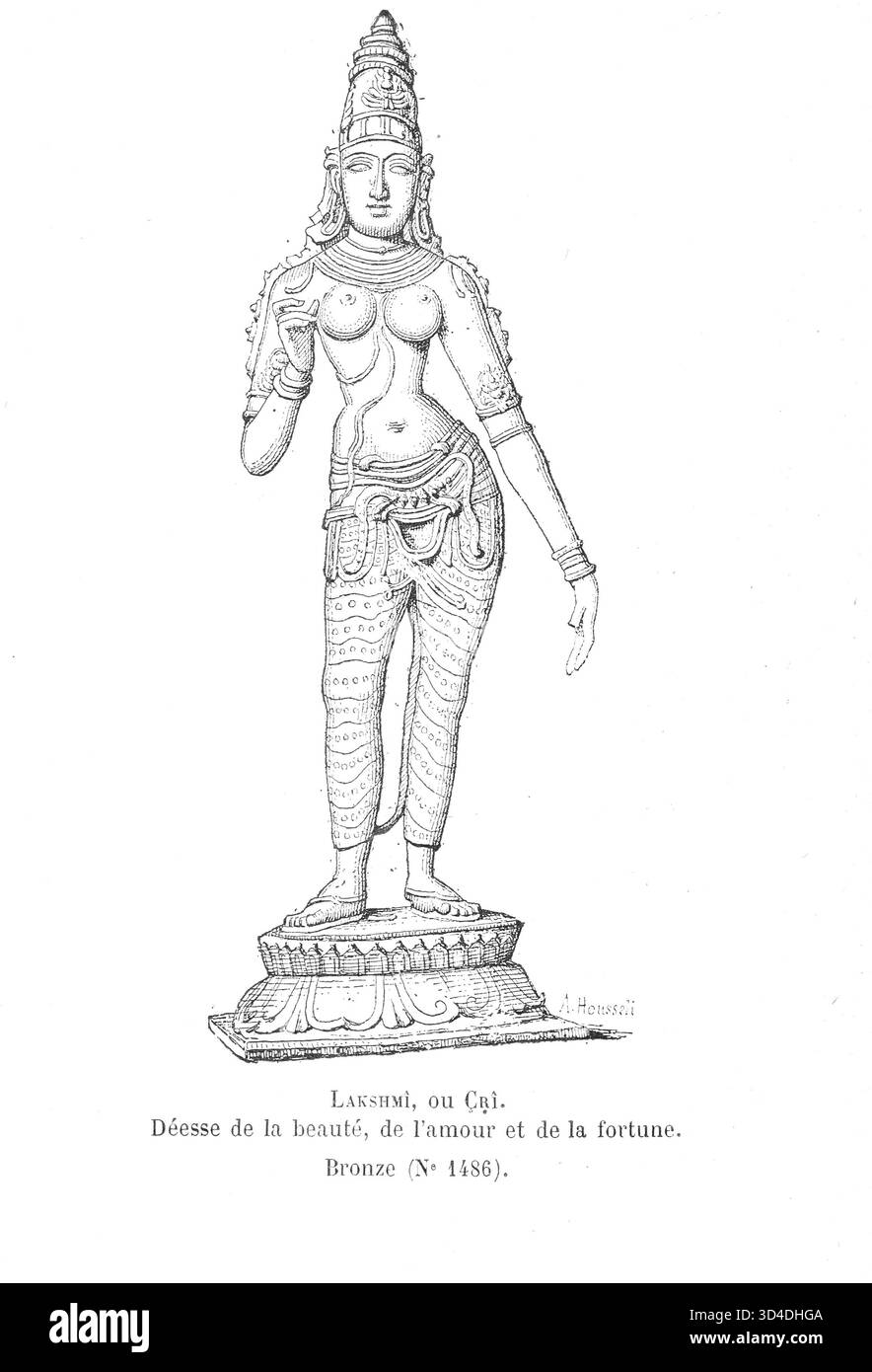 Lakshmi, auch Lakṣmī buchstabiert, und Laxmi, auch Shri genannt. Hinduistische Göttin des Reichtums und des Glücks und Ehefrau von Vishnu. Abbildung einer Bronze aus dem 19. Jahrhundert. Stockfoto