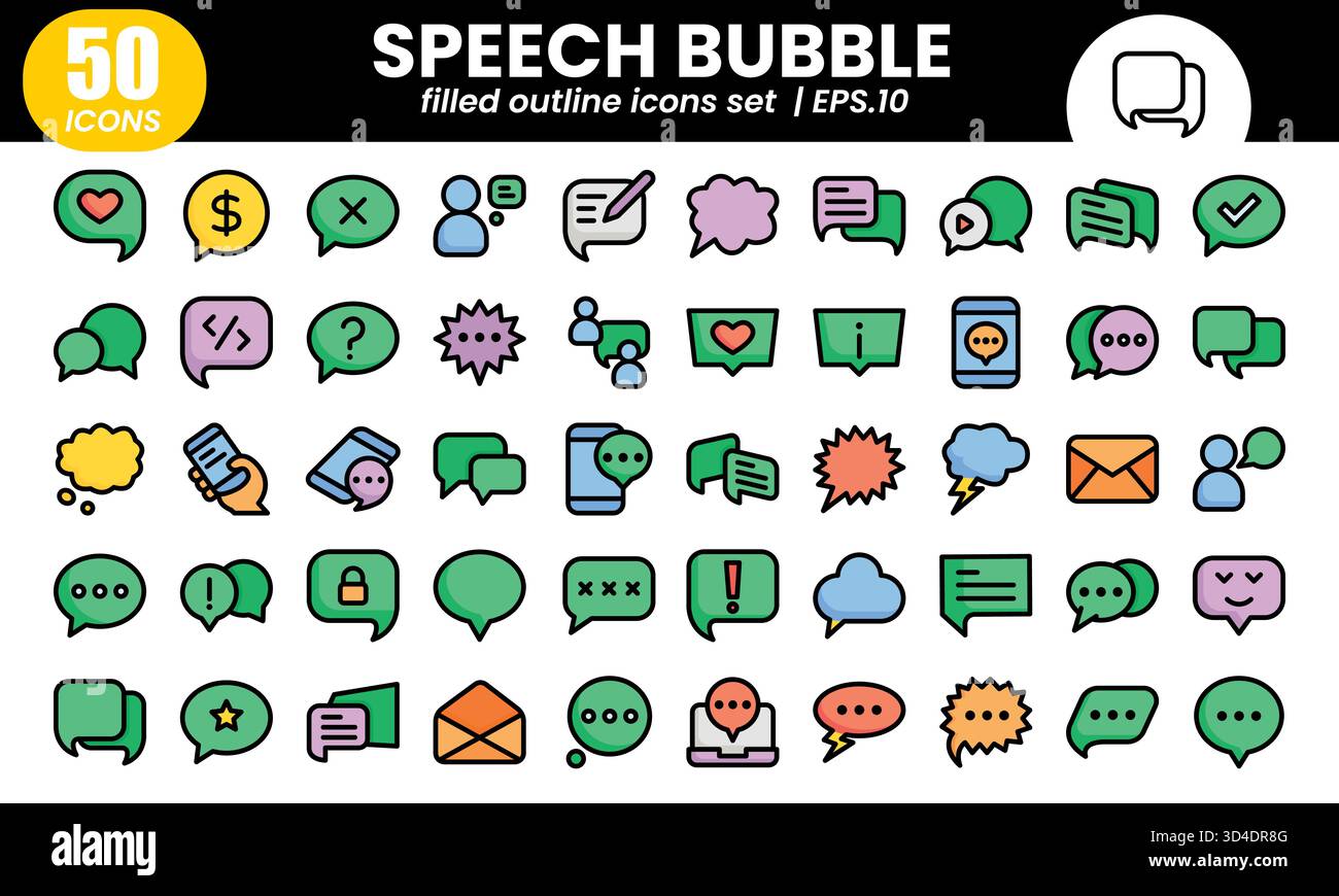 Sprechblasen-Symbole Set.Web ausgefüllte Kontursymbole Sammlung verwandter Chat, Nachricht, Sprechen, Diskussion.Vektorillustration Stock Vektor