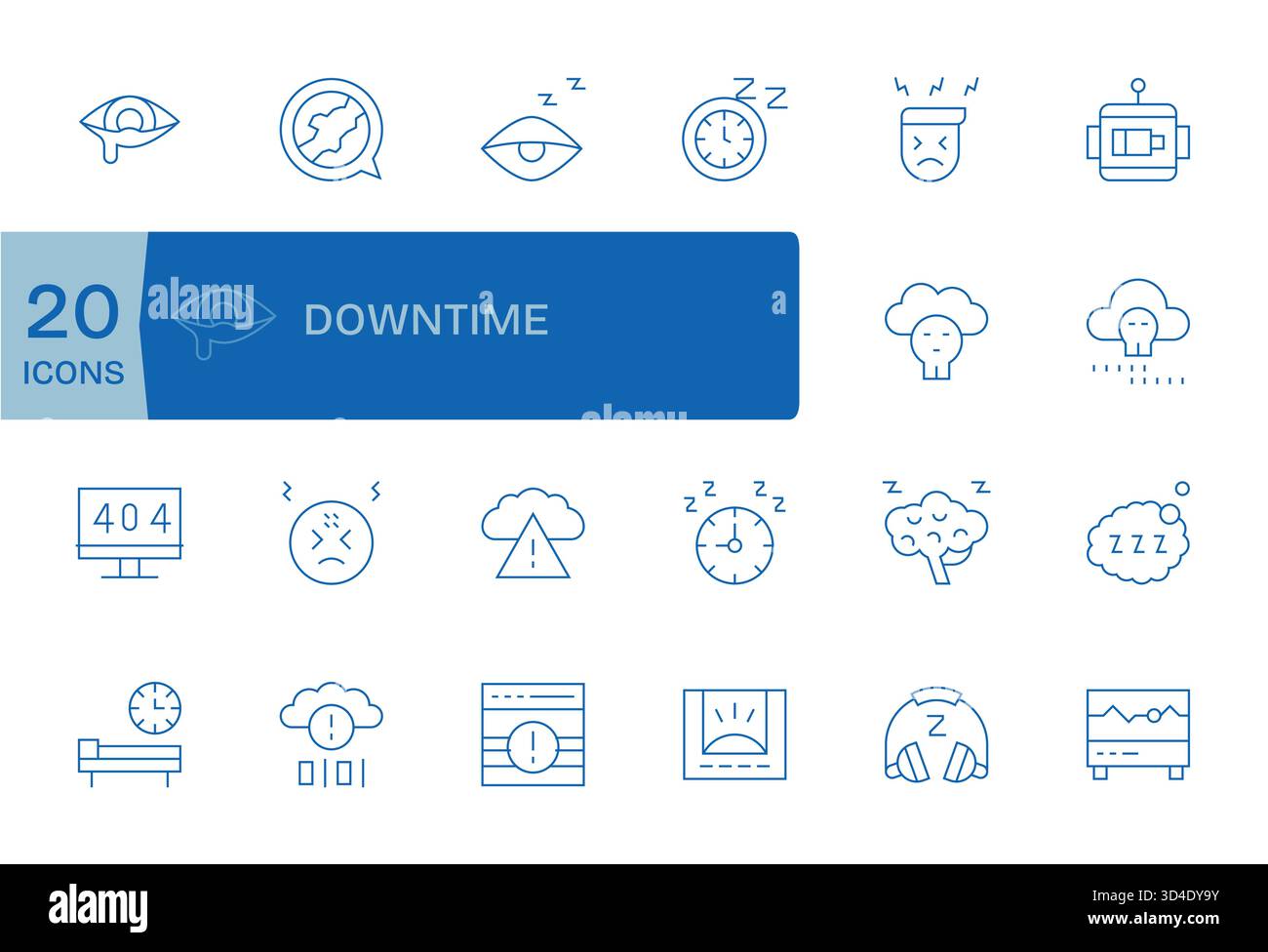 Steigern Sie die Konstruktionsgeschwindigkeit mit 20 Symbolen für dünne Linien, die Ausfallzeiten darstellen, organisiert und beschriftet. Stock Vektor