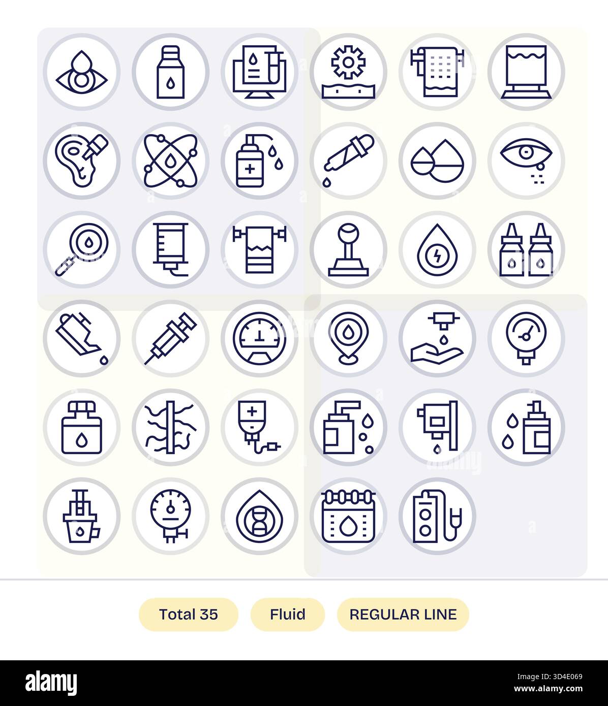 Ein umfangreiches Set von 35 Symbolen für regelmäßige Linien für Fluid, optimiert für konsistente Konturen und Formen. Stock Vektor