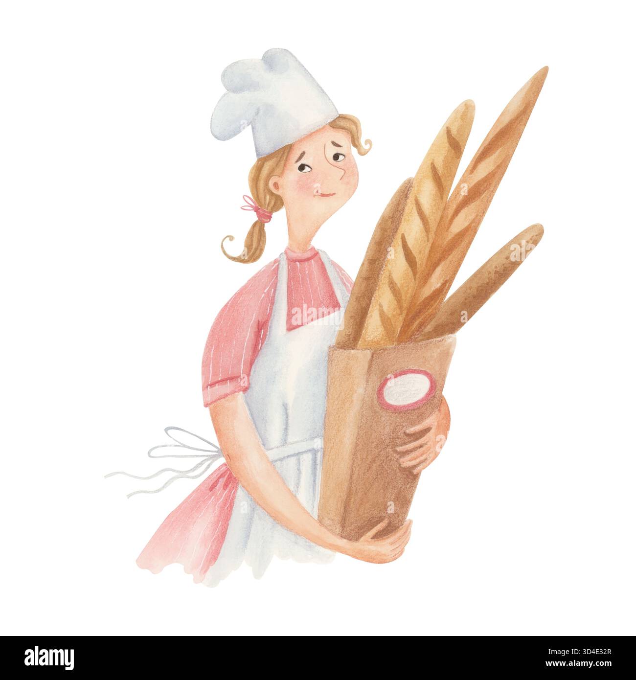 Baker Girl hält Papiertüte mit französischen Baguettes isoliert auf weiß. Wasserfarben-Lebensmittelillustration für Backwaren-Branding, Verpackung oder Menüdesign Stockfoto