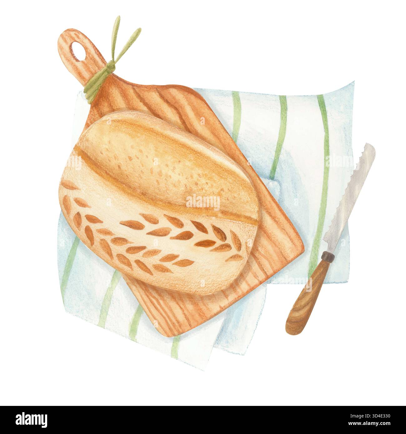 Handgezeichnete Illustration von rustikalem Sauerteigbrot auf einem hölzernen Schneidebrett mit Küchentuch und Brotmesser. Aquarellgrafik für Bäckerei-Design. Stockfoto